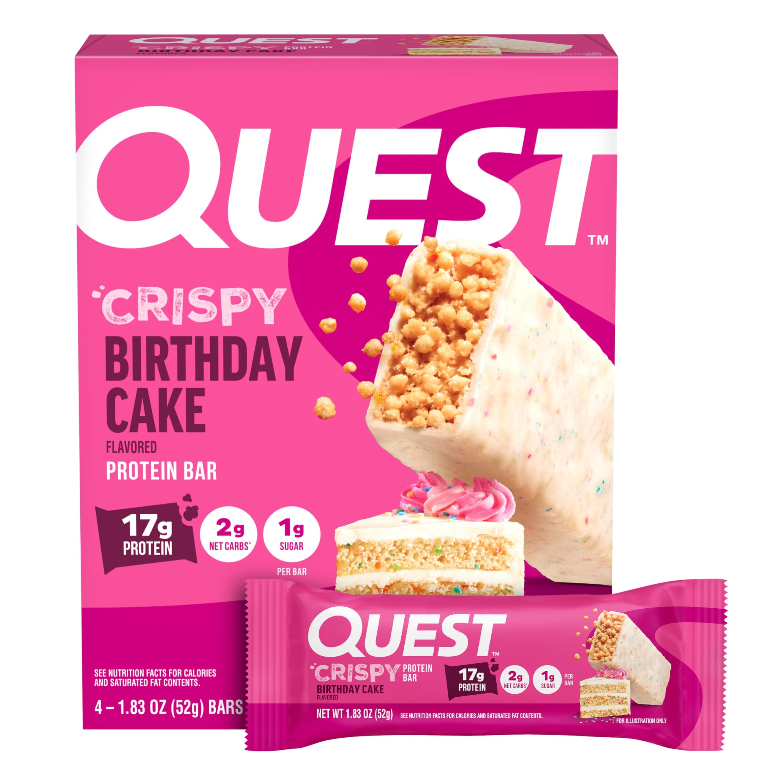 Nutrition Crispy Birthday Cake Protein Bar, 17g Protein, 1g Sugar, 2g Net Carbs, Gluten Free Protein Snack, Keto Friendly, 4 Count