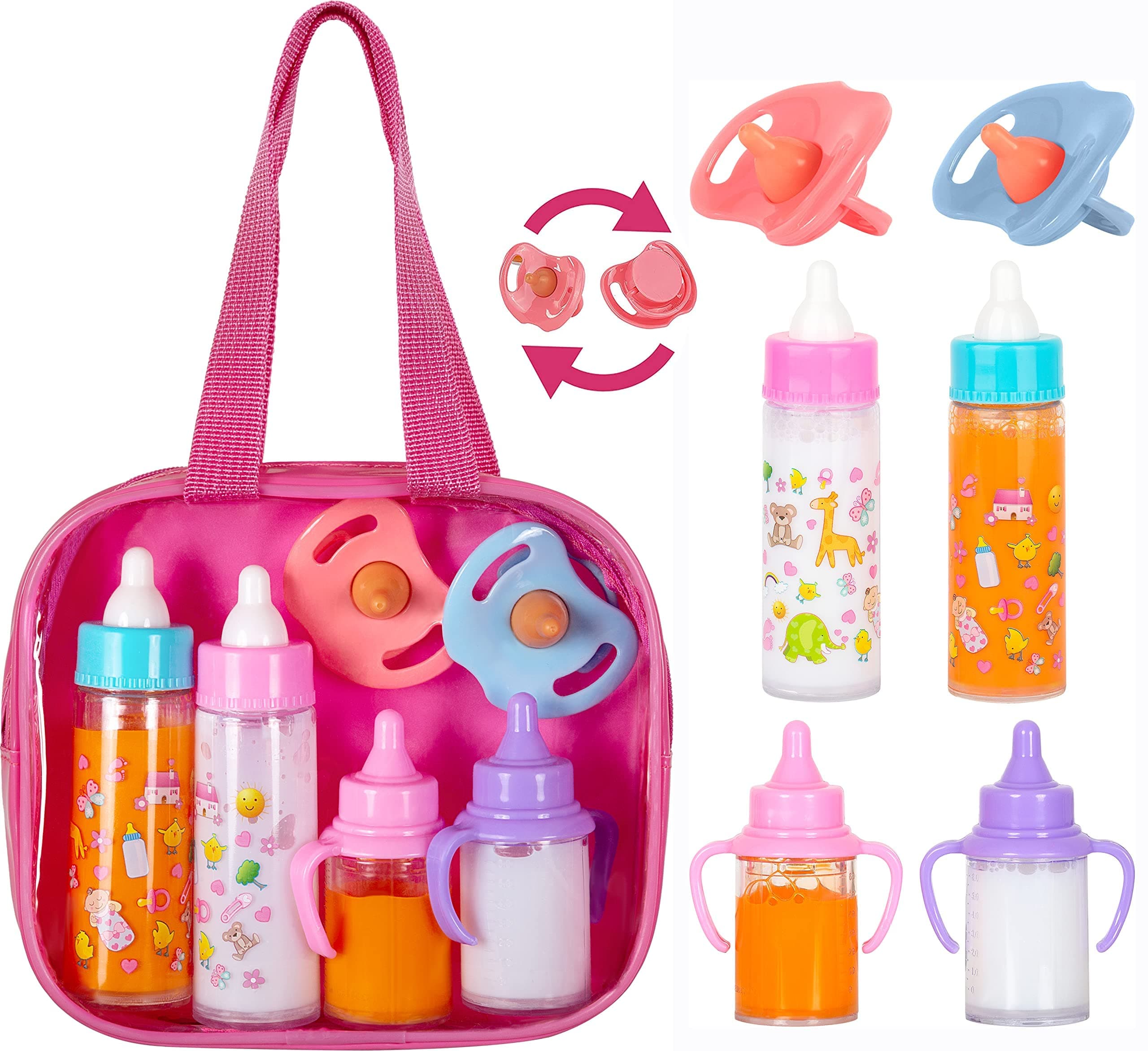 fash n kolor®, My Sweet Baby Disappearing Doll Feeding Set | Baby Care 6 Piece Doll Feeding Set for Toy Stroller | 2 Milk & Juice Bottles with 2 Toy Pacifier for Baby Doll Furniture