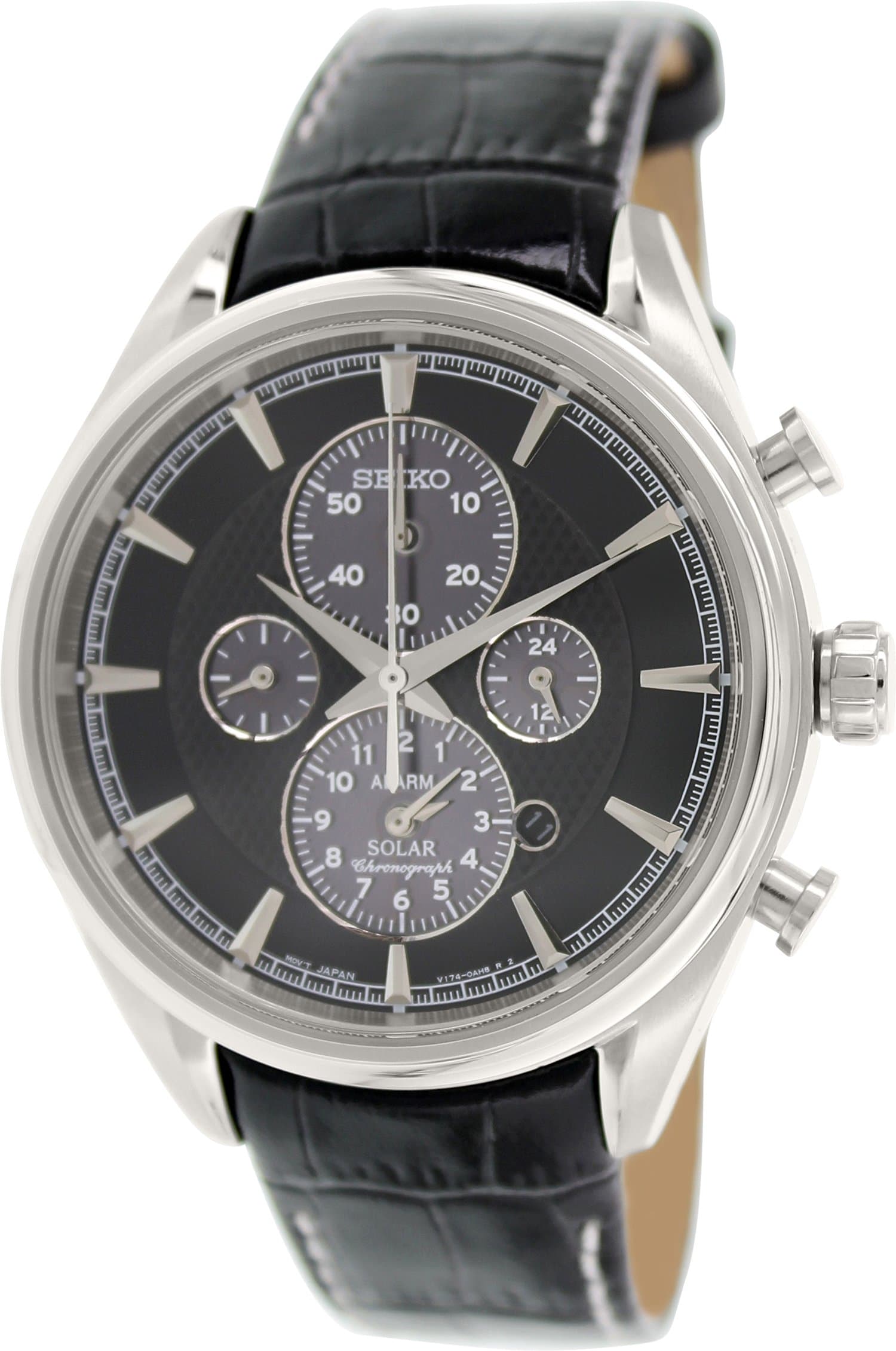 Seiko Solar Chronograph Grey Dial Black Leather Mens Watch SSC211P2