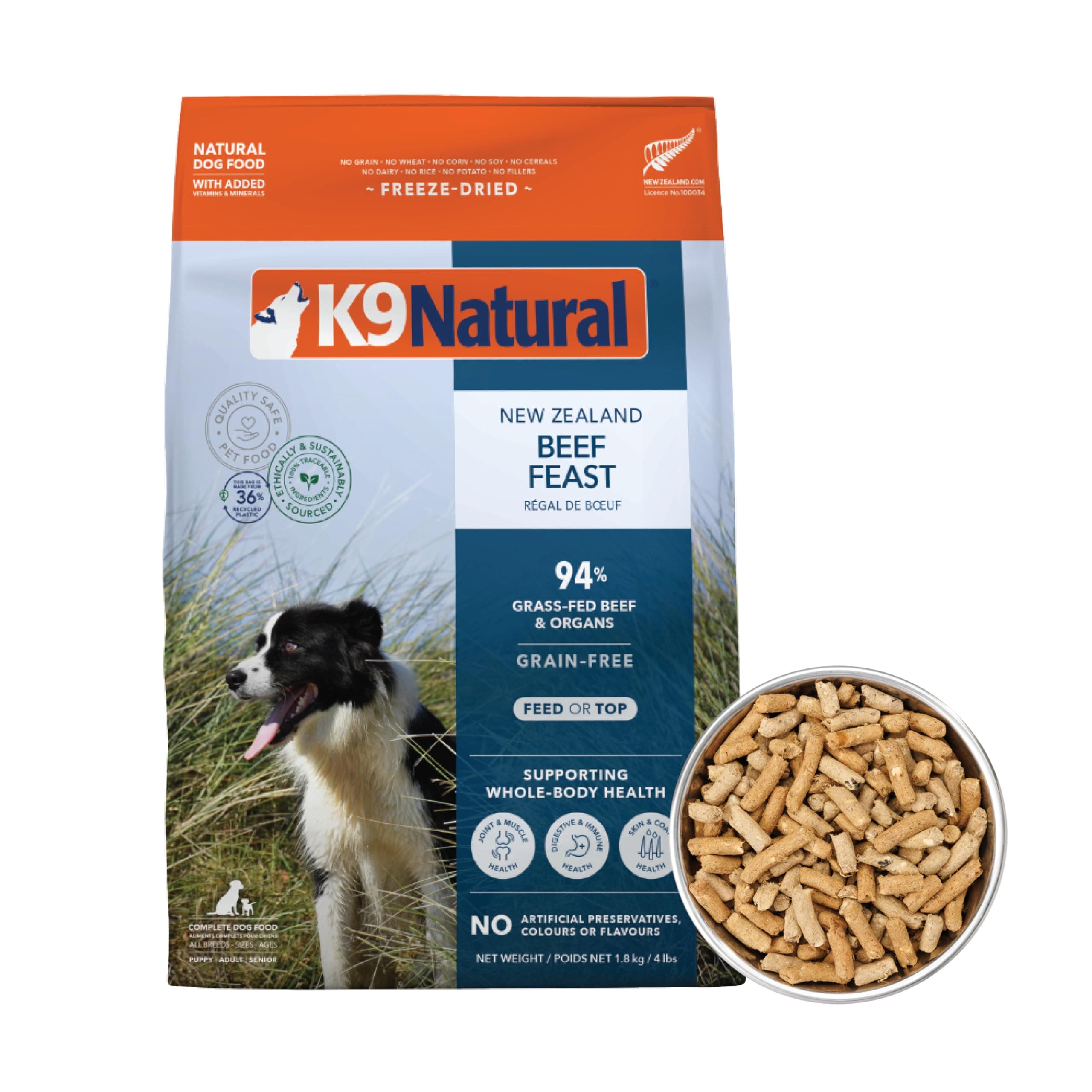 K9 Natural Beef Freeze Dried Dog Food, High-Meat Natural Complete Meal or Meal Toppers for Dogs, Grass-Fed Beef from New Zealand, Grain-Free, GMO-Free, Complete & Balanced Nutrition, 4lb