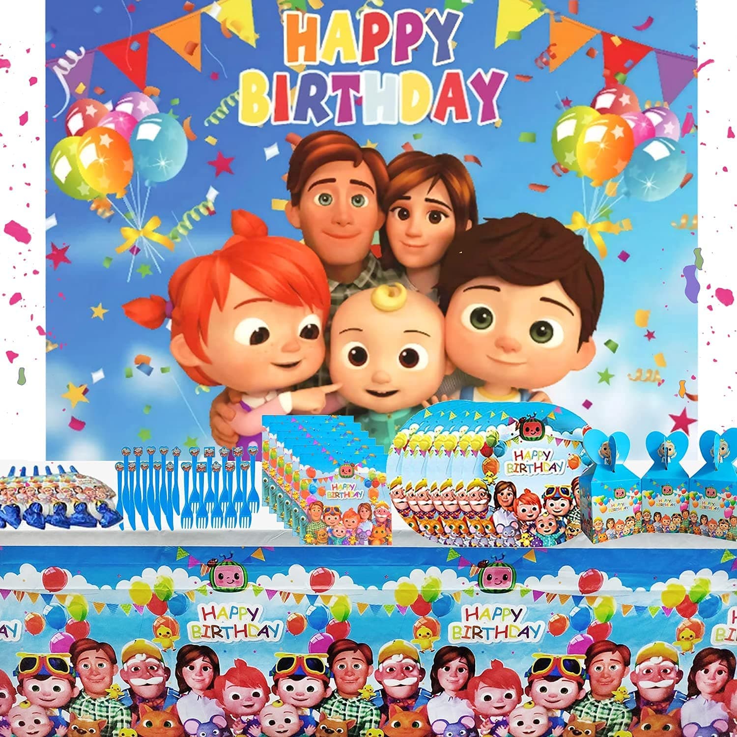 JJ Melon Birthday Party Supplies, 95pcs JJ Melon Party Decoration, Included Tablecloth candy Boxes Fork Knife Plates Balloons Backdrop