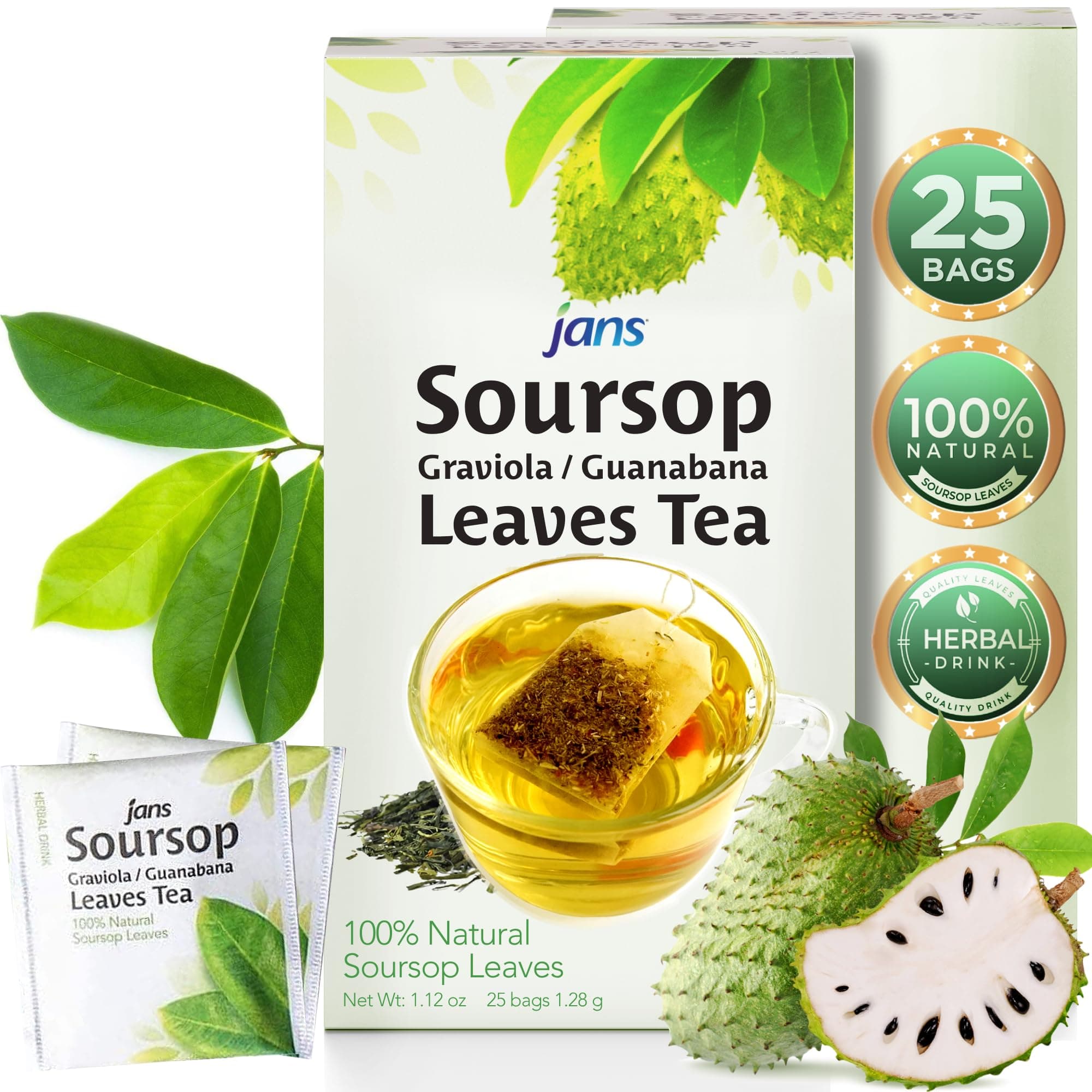 Jans 100% All Natural Soursop / Guanabana Leaves Tea (25 Tea Bags) | Cholesterol-Free, Sugar-Free, Fat-Free, Sodium-Free | Best Served Warm | Gental Herbal Aroma