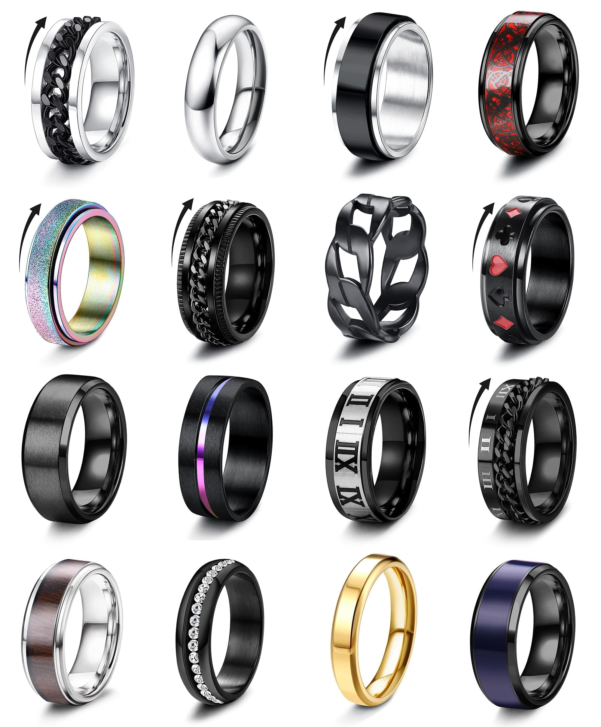 Besteel 16Pcs Stainless Steel Fidget Rings for Men Women Non Tarnish - Anxiety Relief Smooth Black Spinner Ring Set Mens Wedding Band Daily Engagement Promise Rings Jewelry Gift Comfort Fit Size 7-13