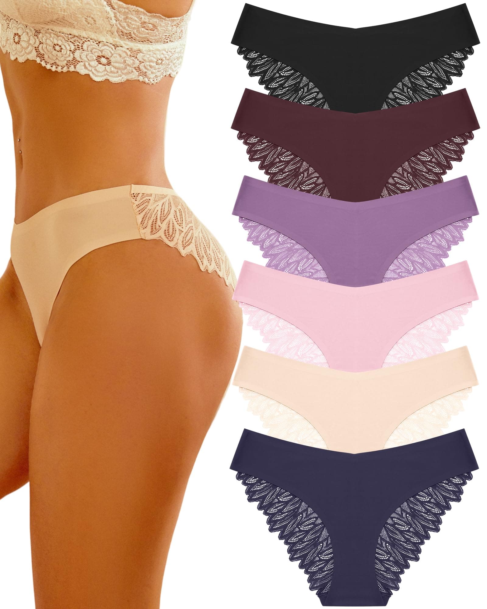 Cheeky Underwear for Women Lace No Show Bikini Soft Breathe Seamless Panties Ladies Sexy Hipster Set 6 Pack