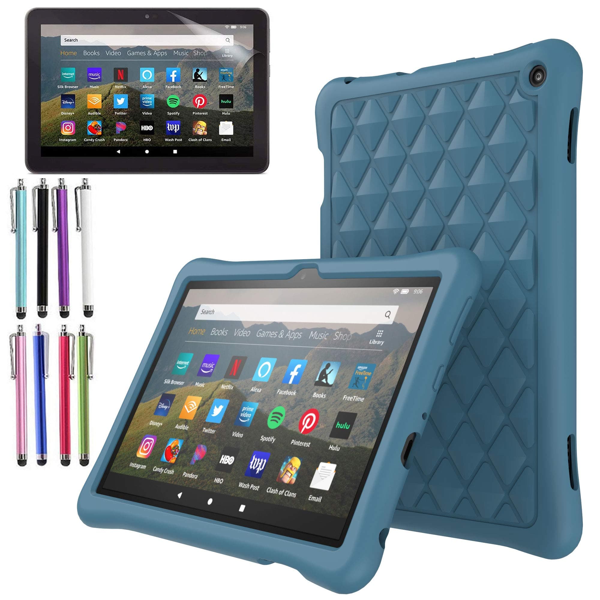 EpicGadget Case for Amazon Fire HD 8 / Fire HD 8 Plus (10th Generation, 2020 Released) - Soft Lightweight Diamond Grid Protective Silicone Cover Case + 1 Stylus and 1 Screen Protector (Blue)