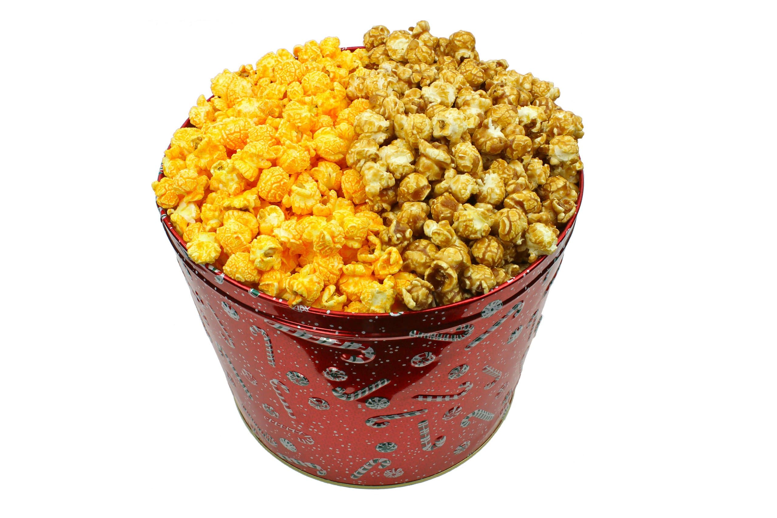 Signature Popcorn - 2-gallon Holiday Candy Cane Tin, 2-flavors - Caramel and Cheddar Cheese