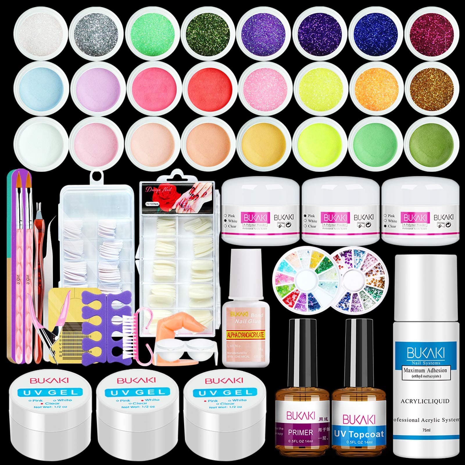 BUKAKI Acrylic Nail Kit - Nail Acrylic Powder and Liquid Set with Acrylic Nail Brush Glitter Powder Nail Supplies Kit for Starter Nail Extension DIY Nail Art Design at Home