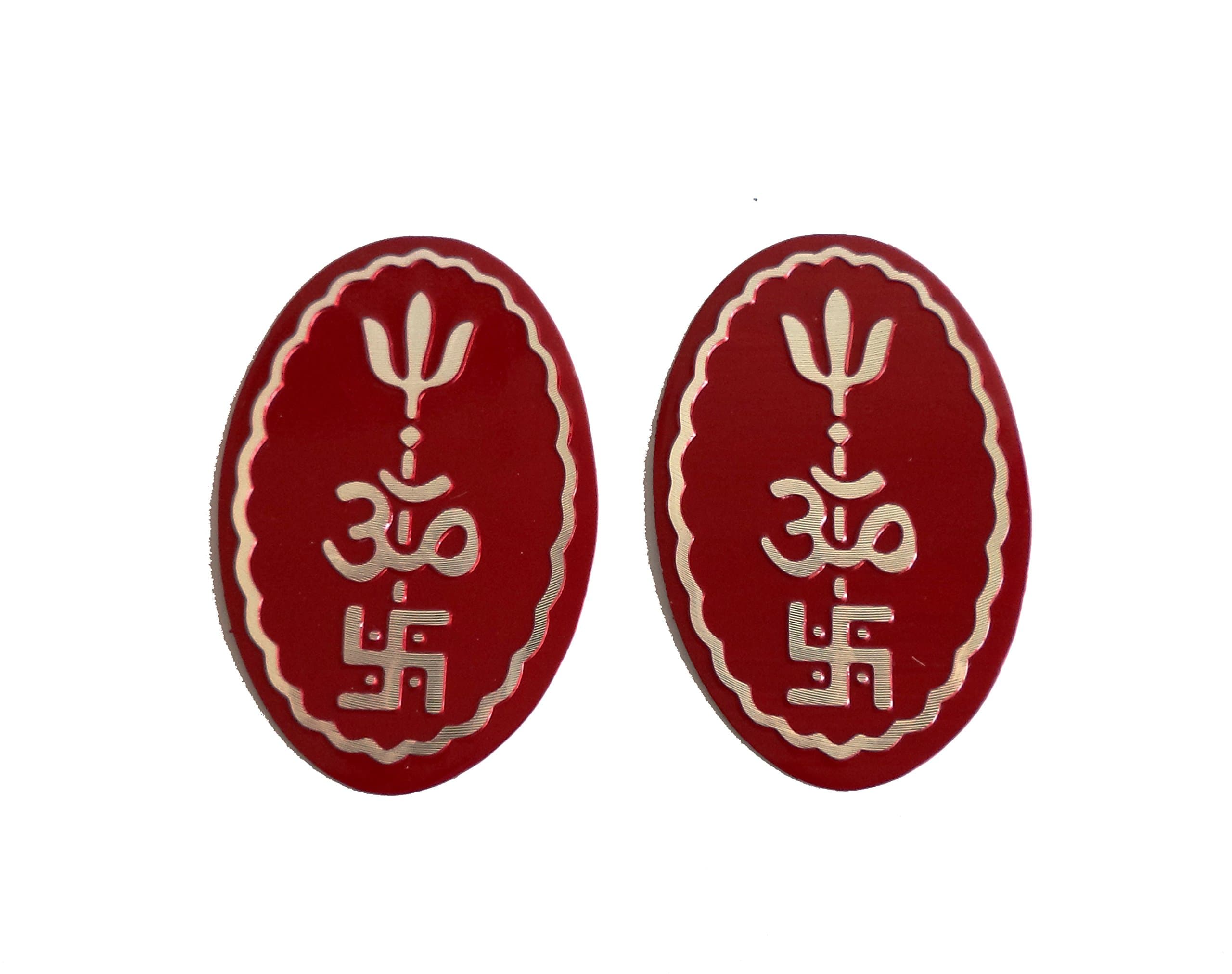 Metal Feng Shui Tri Shakti Symbol Om, Trishul, and Swastik for Protection Metal Sticker for Home/Temple/Wall/Entrance Door/Office Decor (Red, 7.5 cm x 5 cm) (Set of 1)-Self-Adhesive