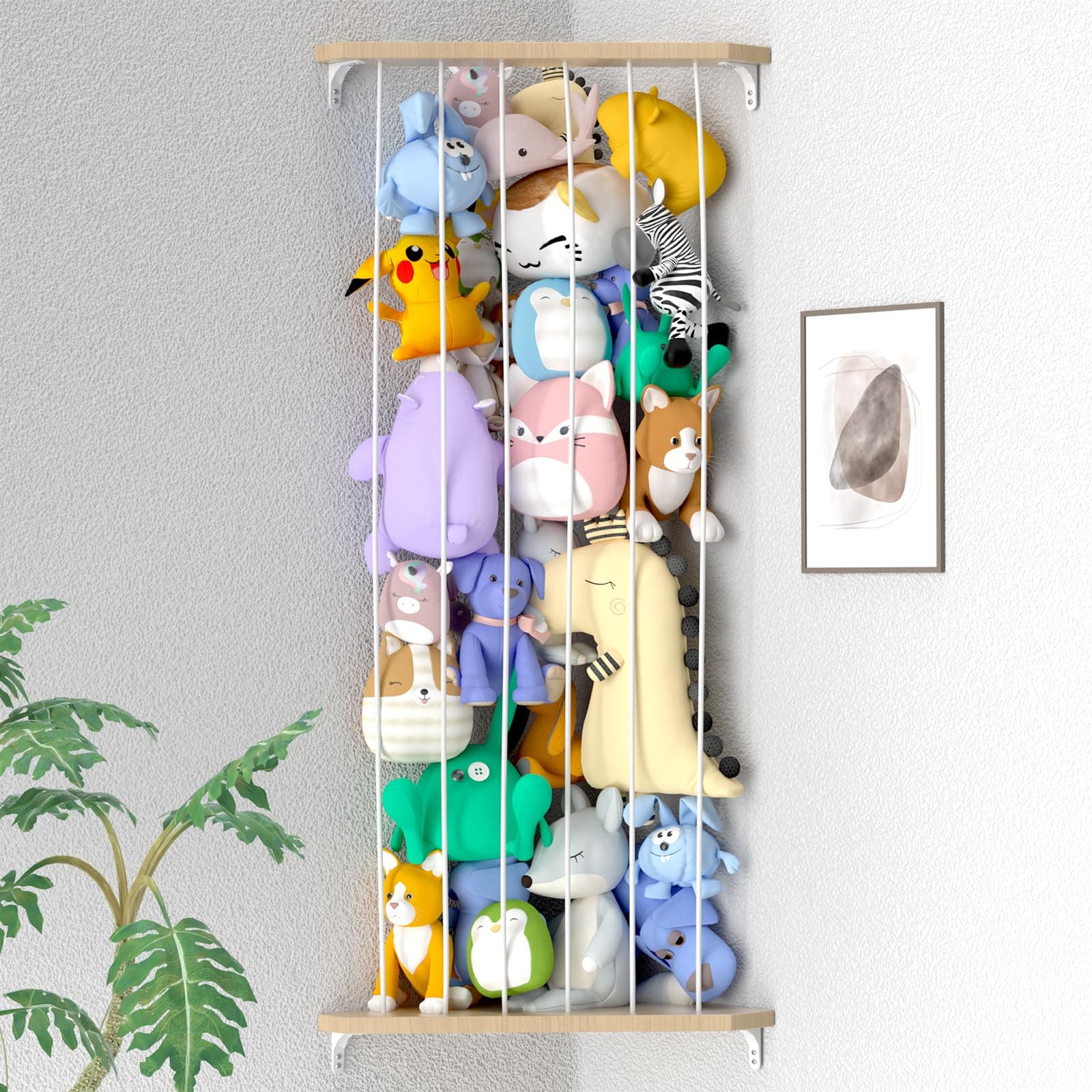 Stuffed Animal Storage Wood Corner Toy Plush Storage Hammock Hanging Storage Net, Toy Organizer Shelf for Nursery Playroom Bedroom Kid Room