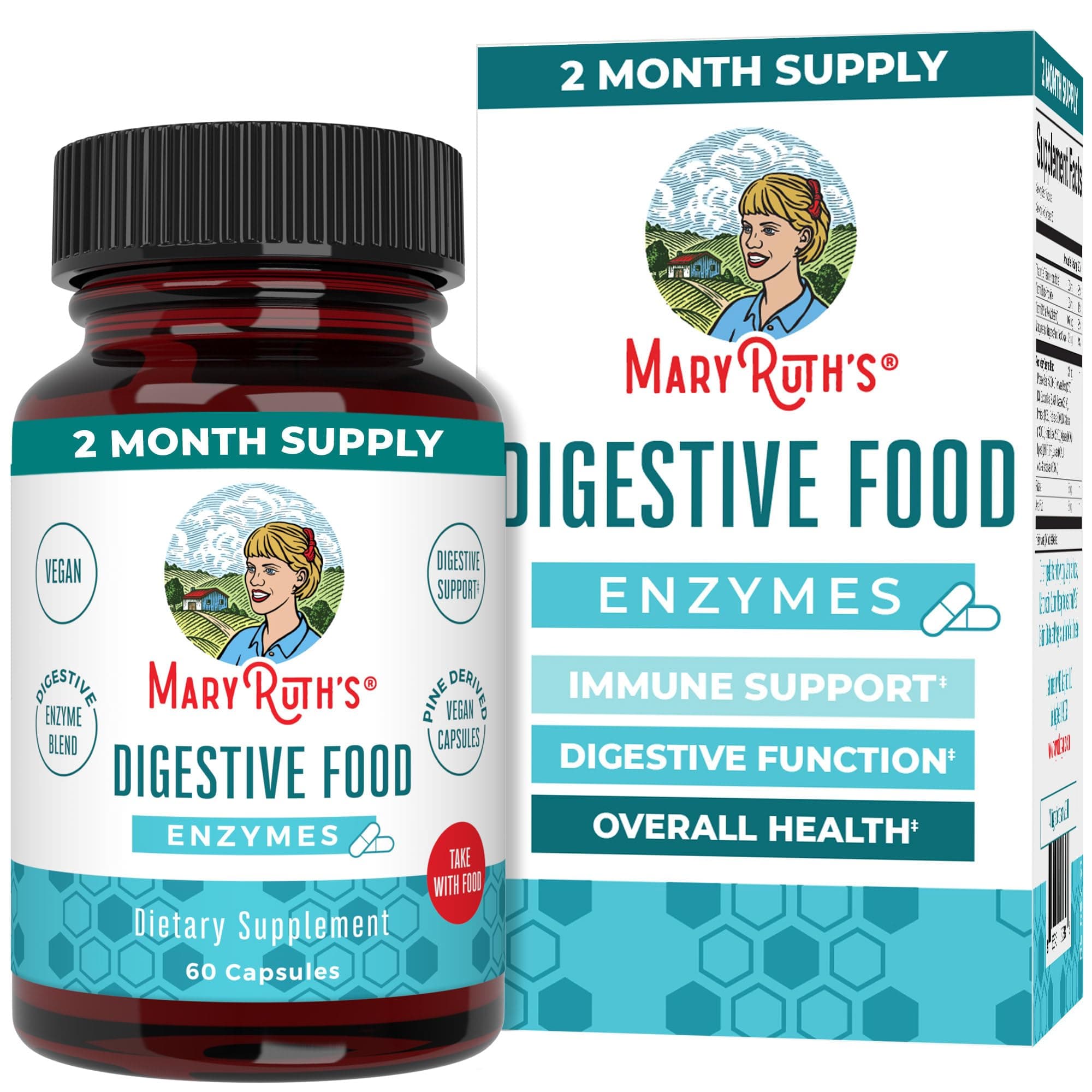 Vegan Digestive Food Enzymes by MaryRuth's | Daily Digestion Aid and Gut Health Enzyme Complex | Over 12 Enzymes Including Amylase, Lipase, Lactase + Cofactor Vitamins & Minerals | 2 Month Supply