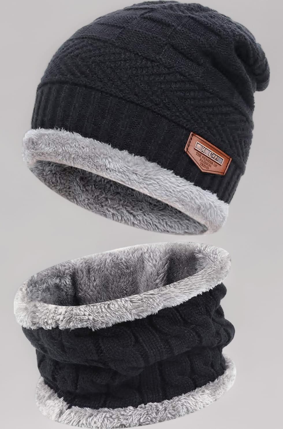 Men's Casual Style Winter Woollen Warm Slouchy Beanie Hat Knitting Skull Cap And Scarf, One Size,Black