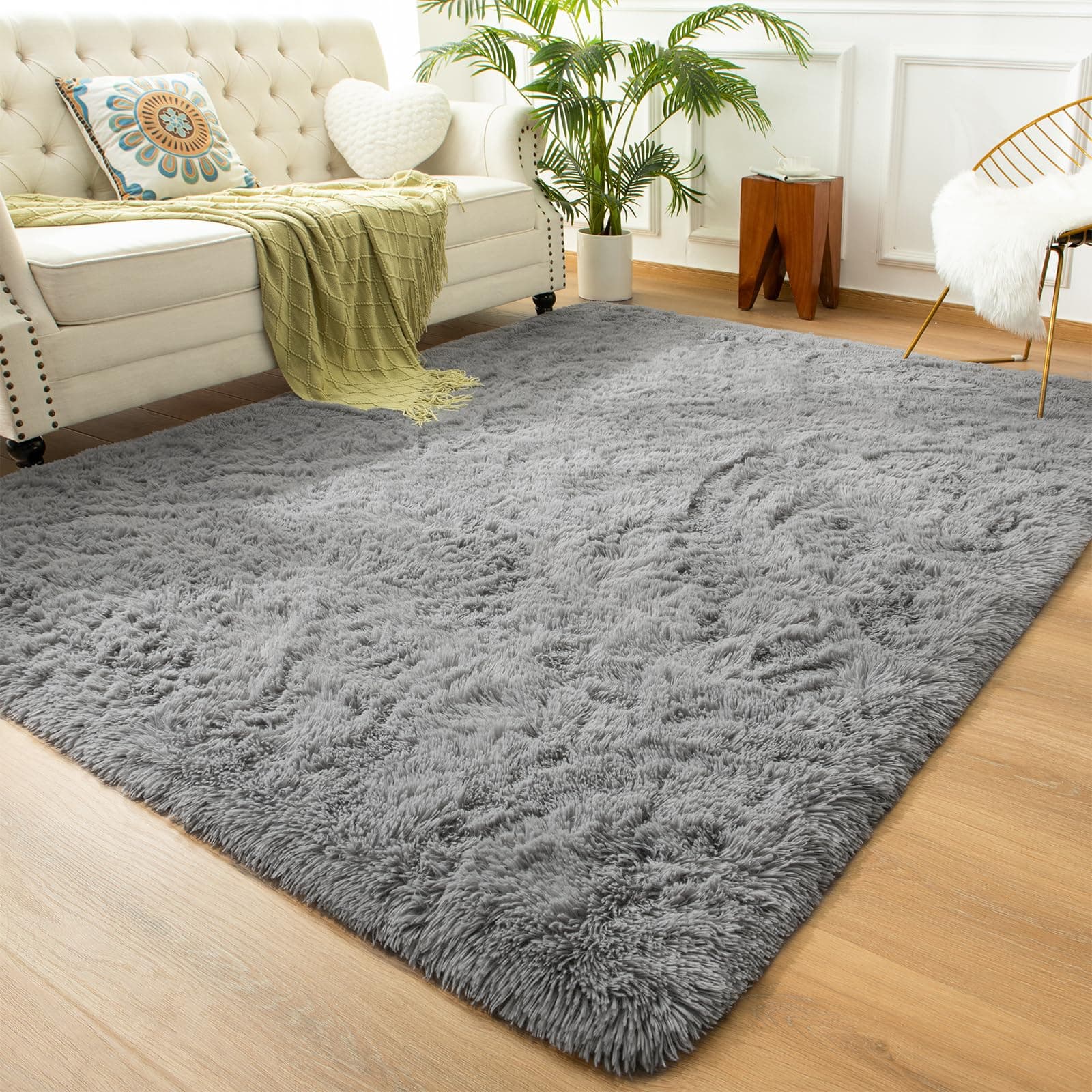 Soft Fluffy Bedroom Rugs, 5 x 8 Feet Indoor Shaggy Plush Area Rug for Boys Girls Kids Baby College Dorm Living Room Home Decor Floor Carpet, Grey