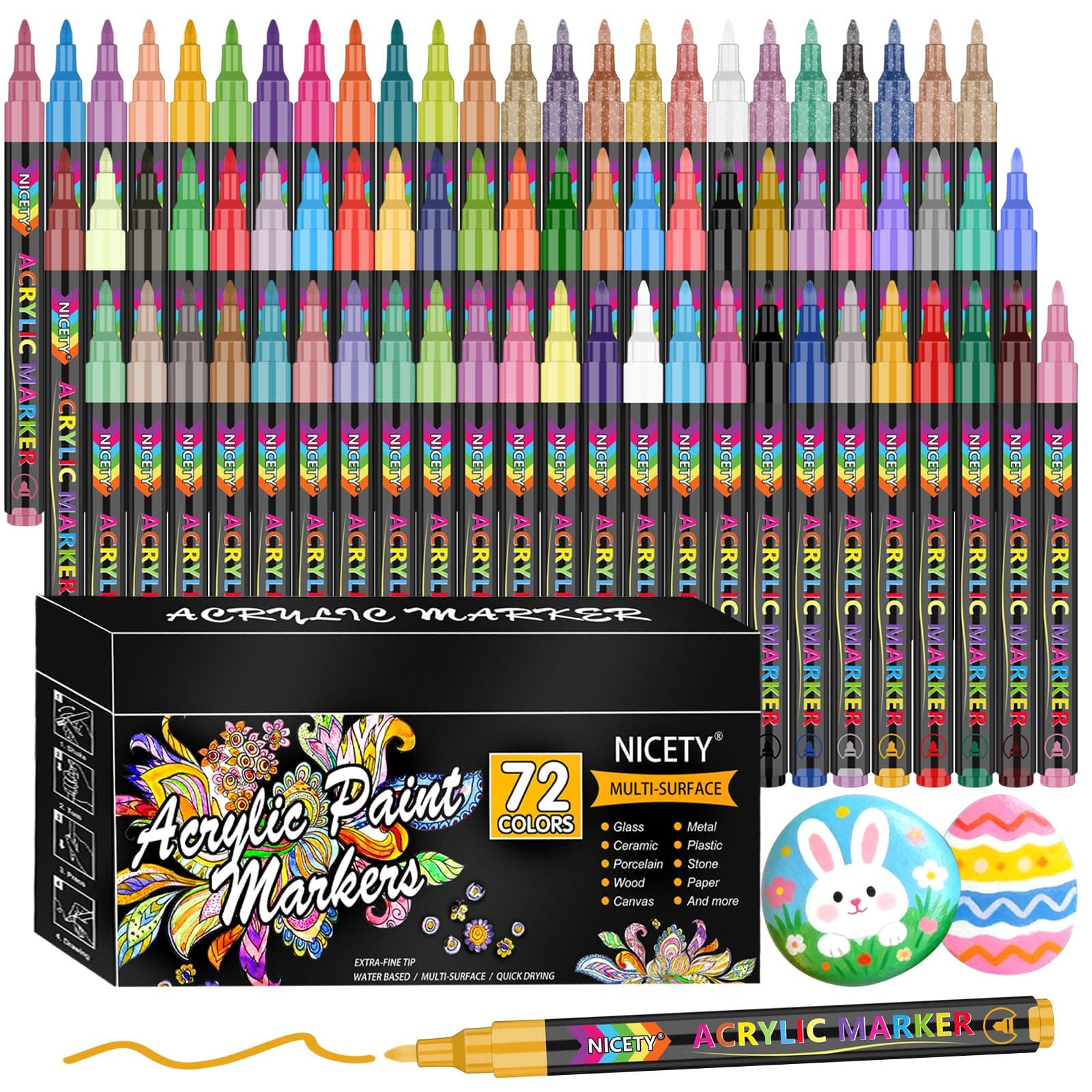 NICETY Acrylic Paint Pens Set - 72 Colours Paint Markers for Rock Painting Stone Glass Ceramic Wood Metal Fabric - 0.7mm Extra Fine Tip Water Based Acrylic Markers for Adults