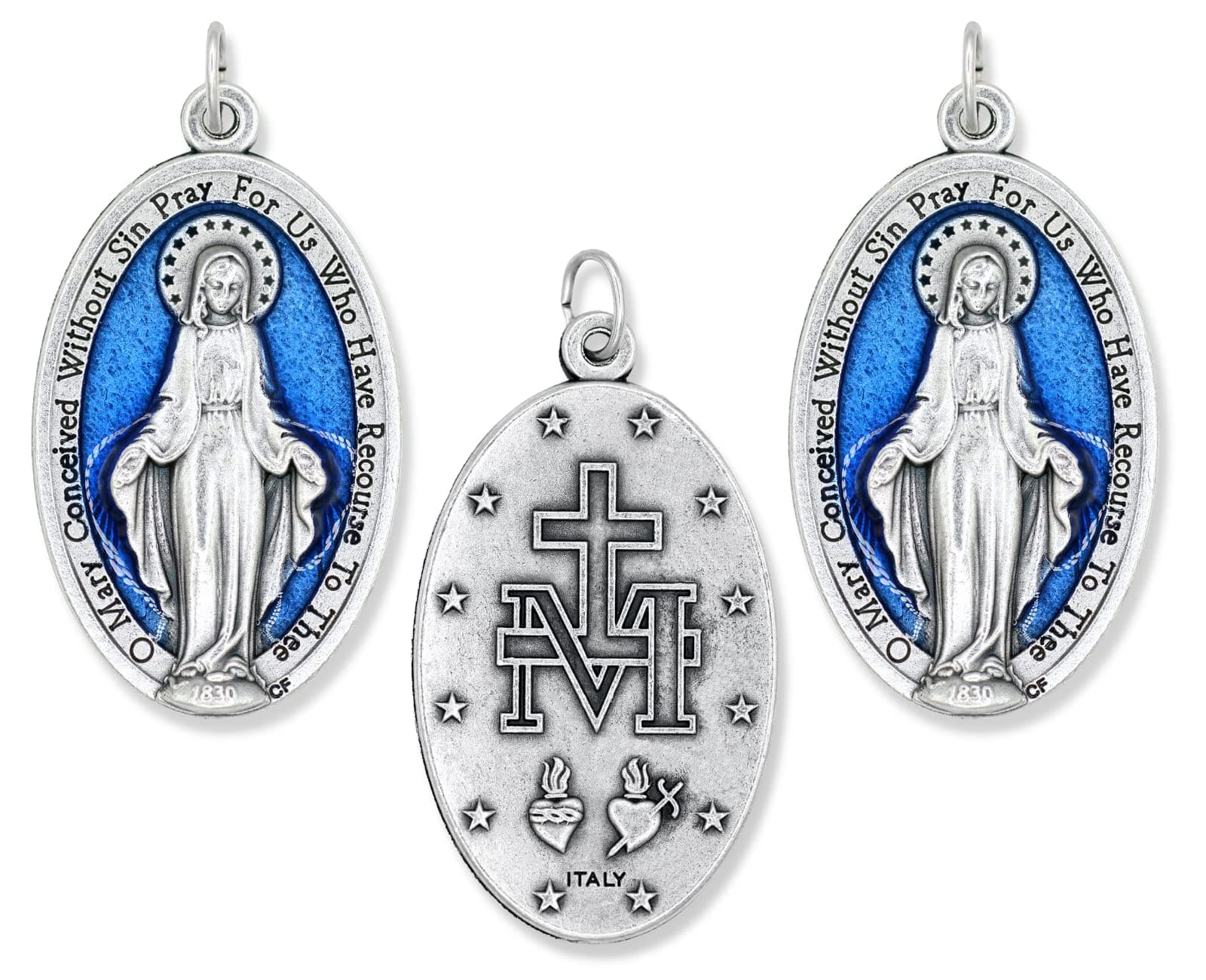 Pack of 3 - XL Miraculous Medal Pendant / Blue Enamel Silver Oxidized - 1 3/4