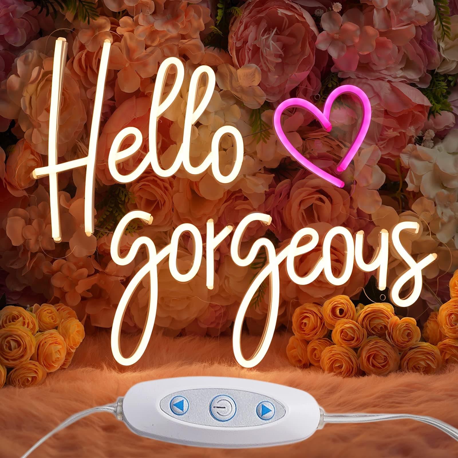 MERWOF Large Hello Gorgeous Neon Sign Light with Dimmer - 10 Levels Brightness - 12V Power Adapter LED Sign for Daughter Girl Women Bedroom Party Wedding Gift Backdrop, Warm White