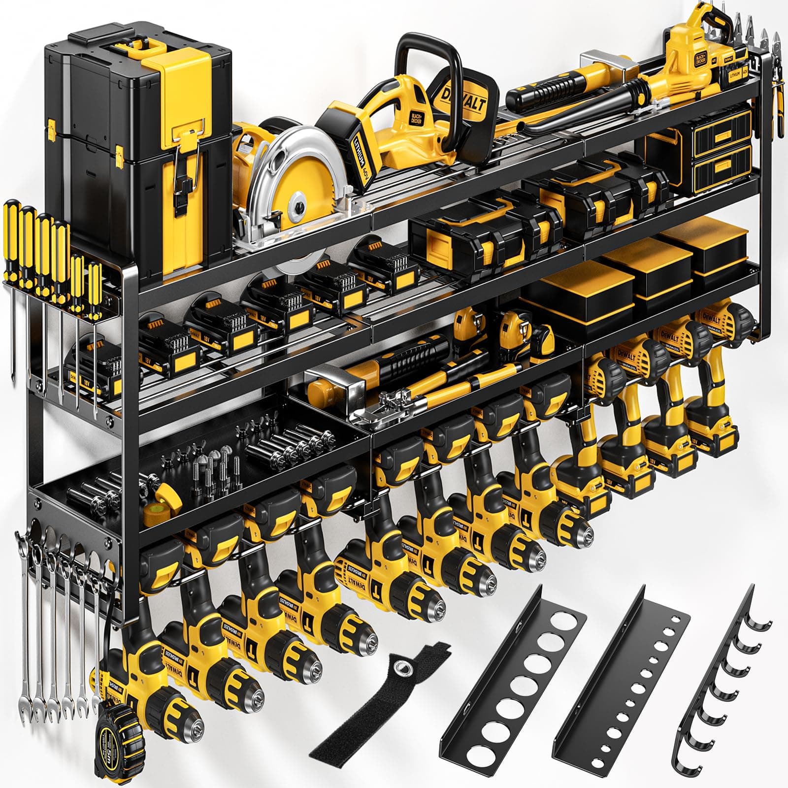 POKIPO 49" W Large Power Tool Organizer Wall Mount, 4 Layer Heavy Duty Loads 800 lbs, Tool Storage Rack Holds 12 Cordless Drills, Large Capacity Battery Holder for Garage, Gift for Men