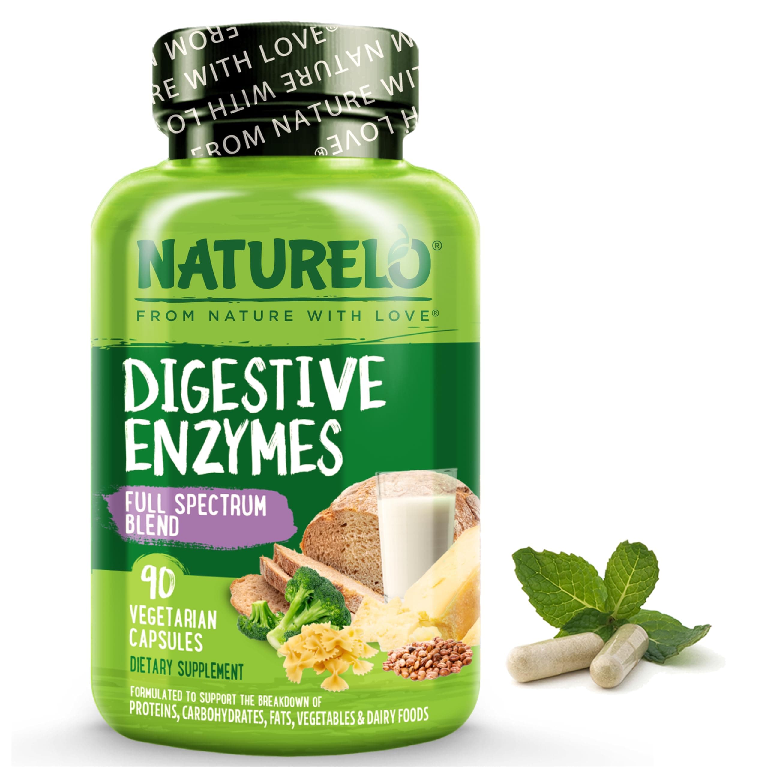 NATURELO Digestive Enzymes Supplement - Full Spectrum Support with a Broad Blend of 15 Enzymes Plus Ginger - Supports Bloating Relief and Easy Digestion - 90 Vegan Capsules