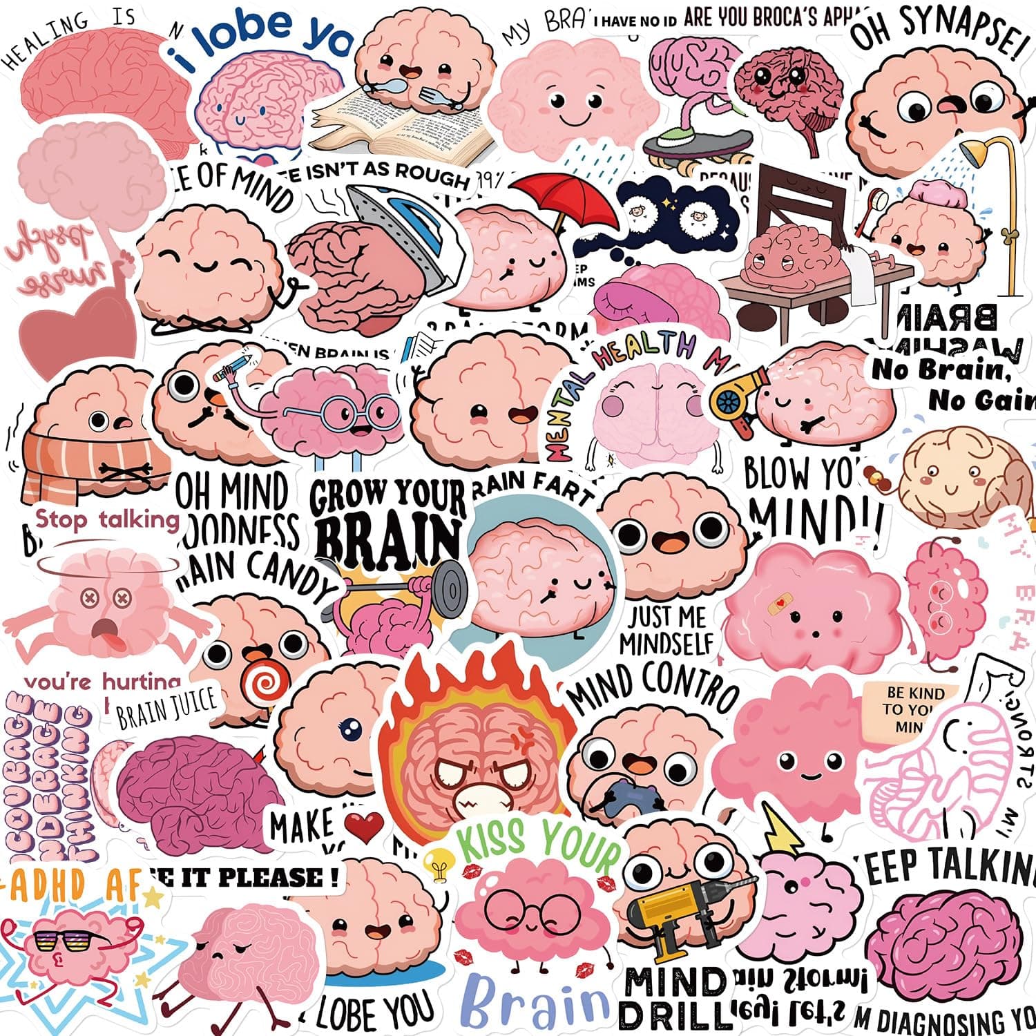 Funny Brain Stickers for Adults, 50PCS Cute Cartoon Brain Stickers Bulk,Vinyl Waterproof Mental Sticker for Water Bottle,Laptop,Phone,Scrapbook,Body Organ Biology Decals
