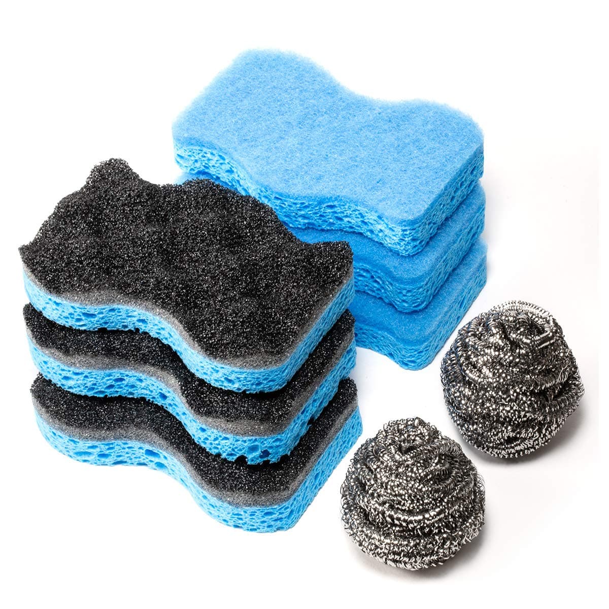 SSJL Multi-Use & Non-Scratch Scrub Sponge 6-Pack with 2 Bonus Stainless Steel Scrubber - Eco Dish Sponge Kitchen Sponges Reusable Wash Scrub for Dishes - Dishwashing
