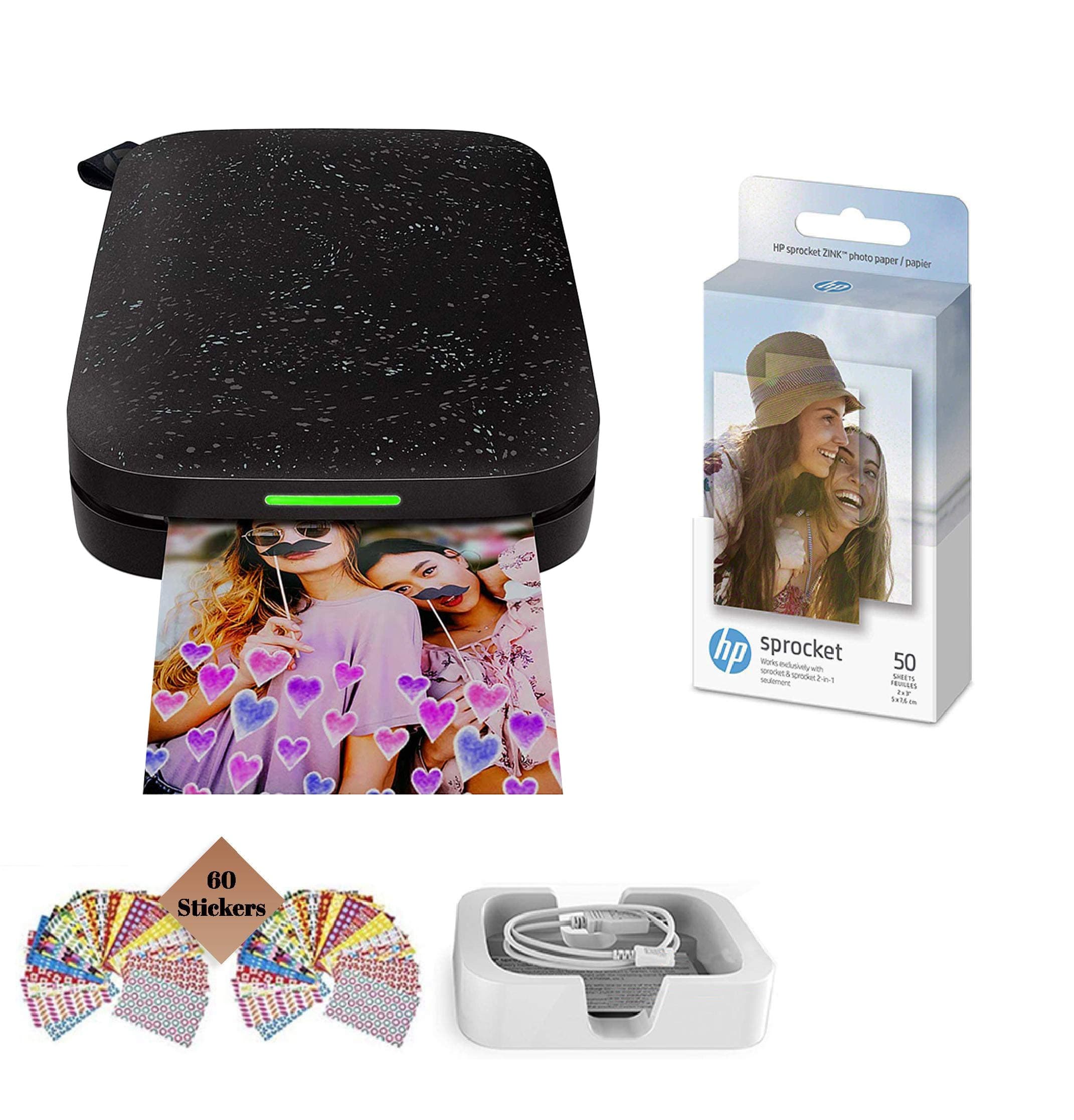 Hp Sprocket Photo Printer, Print Social Media Photos on 2x3 Sticky-Backed Paper (Black) + Photo Paper (30 Sheets) + USB Cable + 60 Decorative Stick-On Border Frames