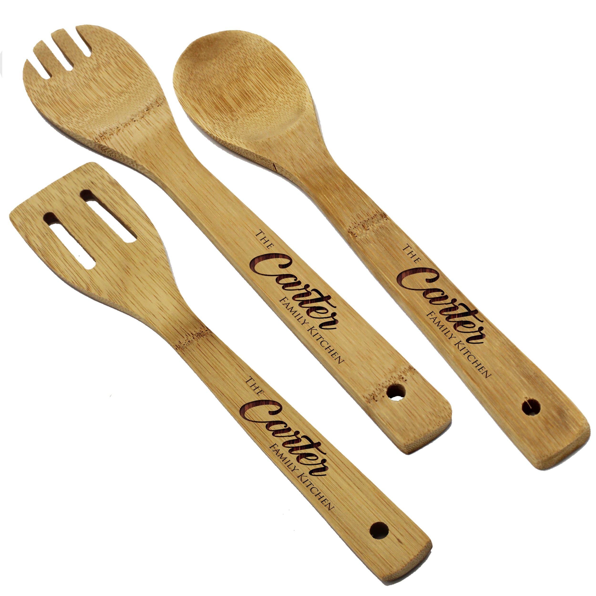 Personalized Wooden Bamboo Kitchen Utensil Set - Engraved Spoon, Spatula, Spork - Housewarming Couples Gifts