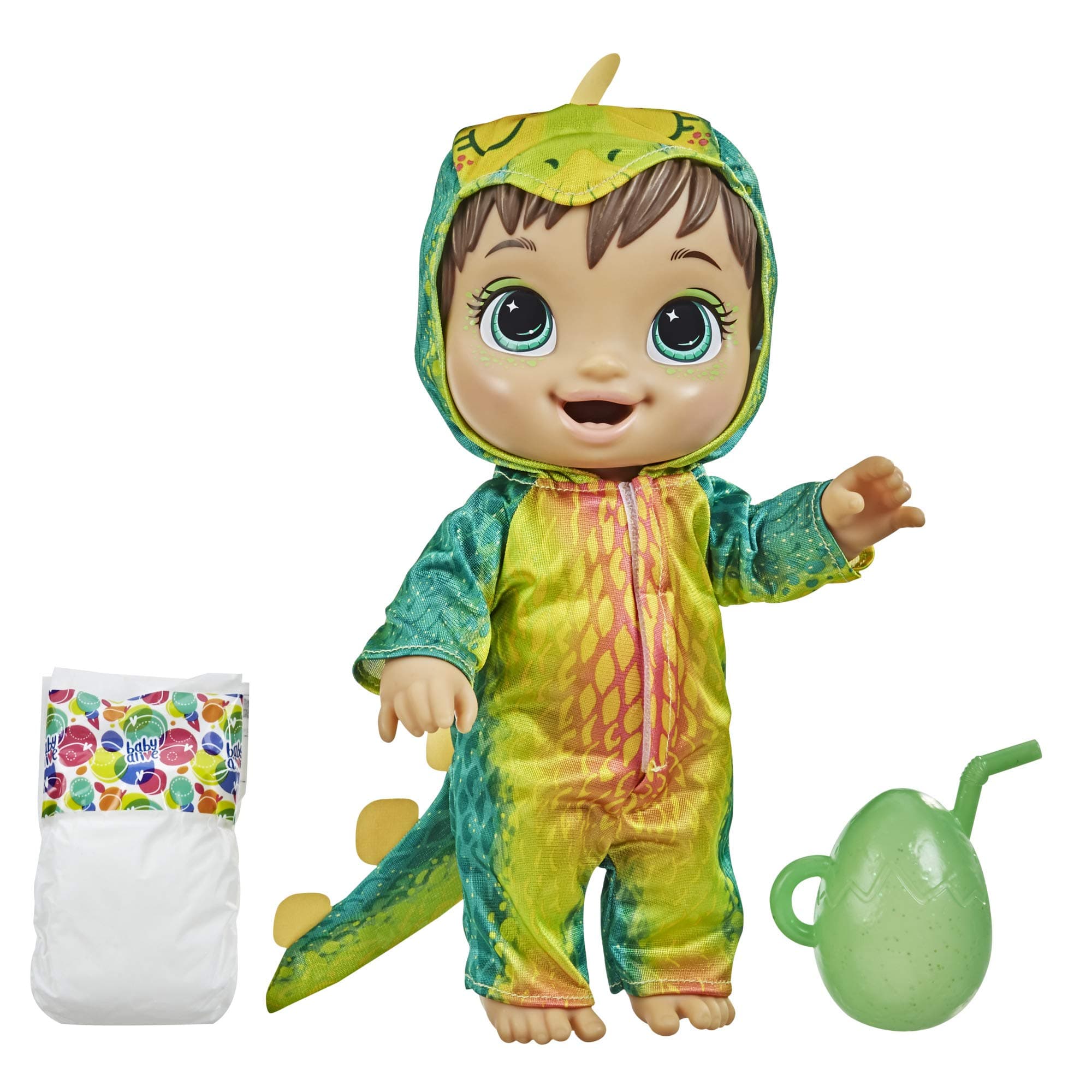 Dino Cuties Doll, Stegosaurus, Doll Accessories, Drinks, Wets, Stegosaurus Dinosaur Toy for Kids Ages 3 Years and Up, Brown Hair