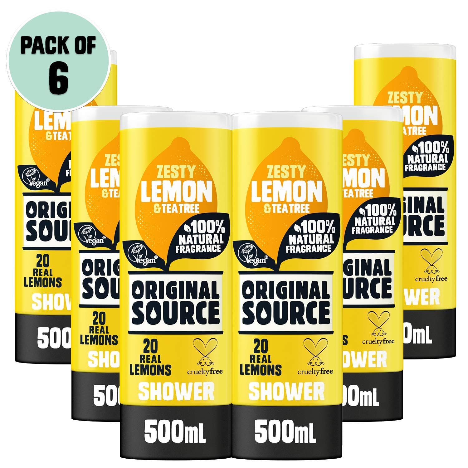 Lemon & Tea Tree Shower Gel, 100 Percent Natural Fragrance, Vegan, Cruelty Free, Paraben Free, Bulk Buy, Pack of 6 x 500 ml