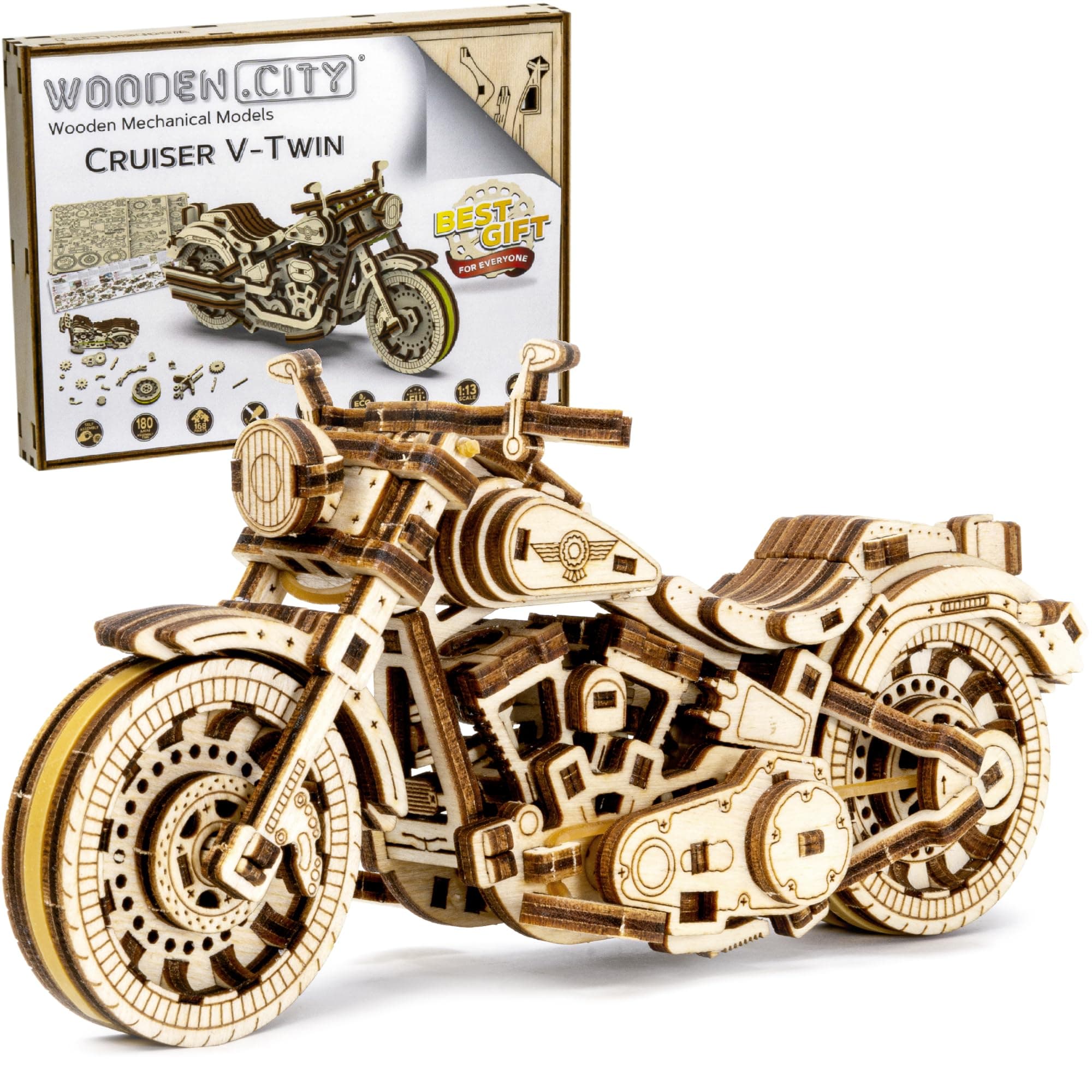WOODEN.CITY Cruiser V-Twin, DIY Wooden 3D Puzzle, Wooden Motorbike Model Kit, Detailed Engine with Rubber Motor, Puzzles for Adults