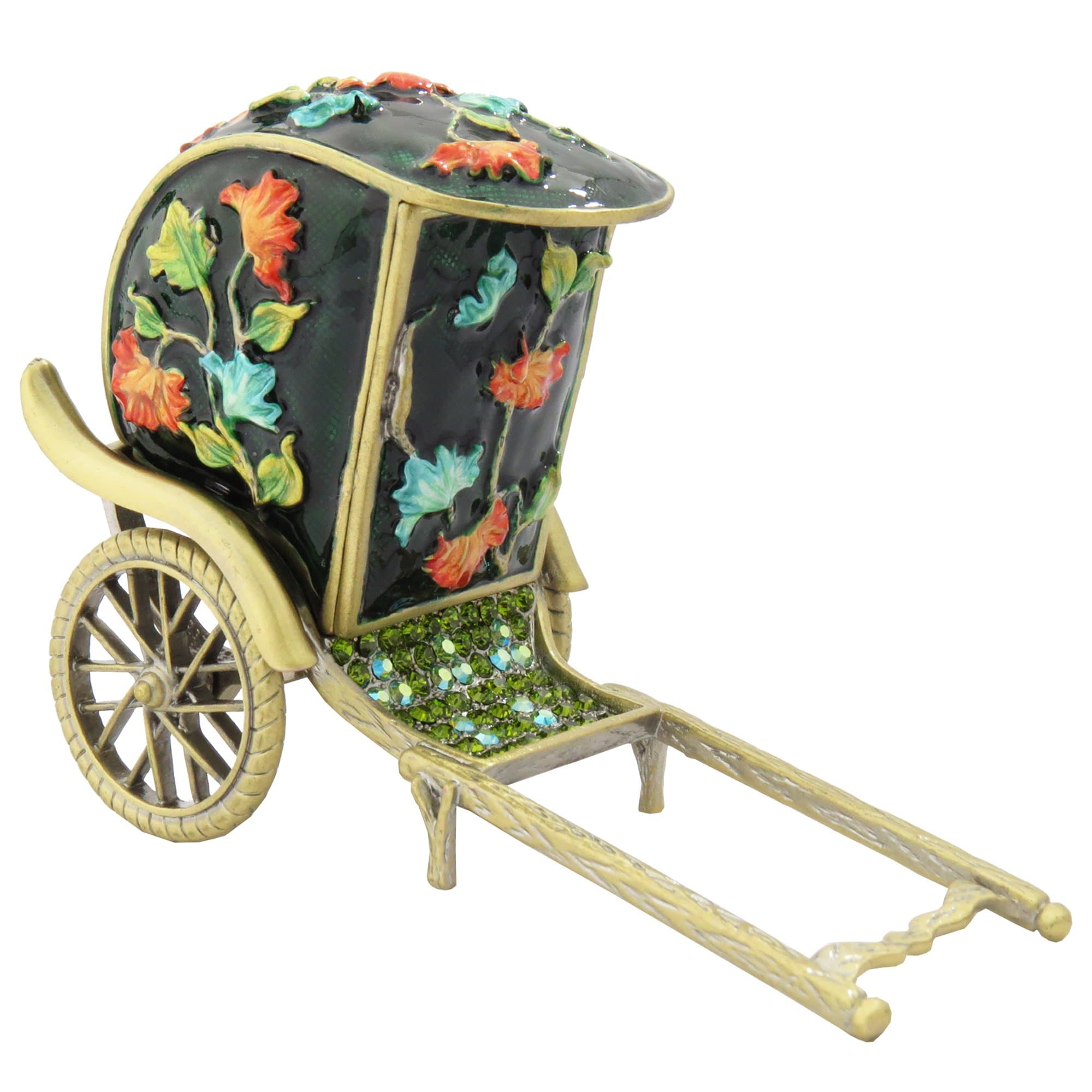 Crystalized Maroon Pine Green Rickshaw Cart Statuette Gift Antique Collectible Figurine Trinket Jewelry Box