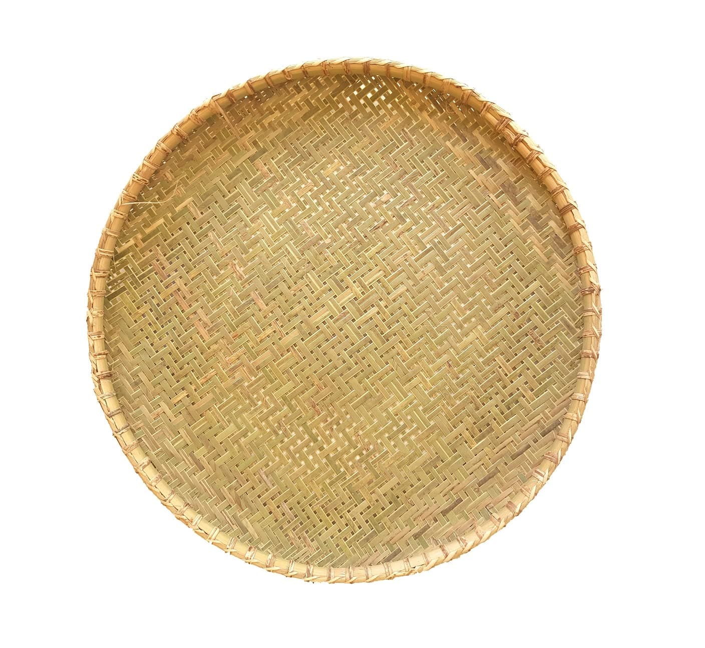 Bamboo Wood & Cane Sieve, Round Chalni Thali with Big Holes, Arisi Jalladai Drainer Washing Basket Colander Sifter,40 centimeters,Brown