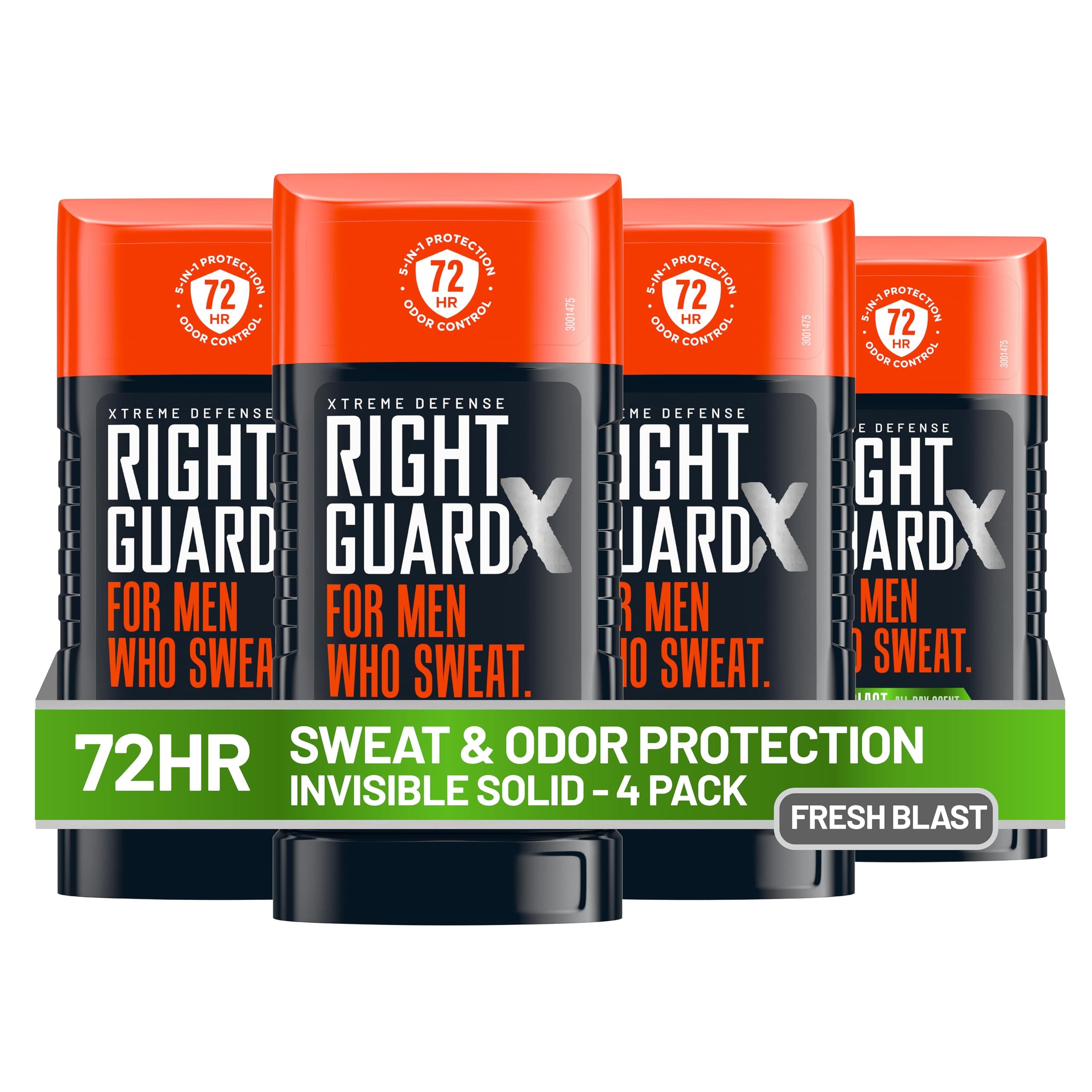 Right Guard Xtreme Defense Invisible Solid Antiperspirant Deodorant, Fresh Blast Scent - 5-in-1 Deodorant Men Can Trust, 72-Hour Odor Control, 2.6 oz (4 Pack)