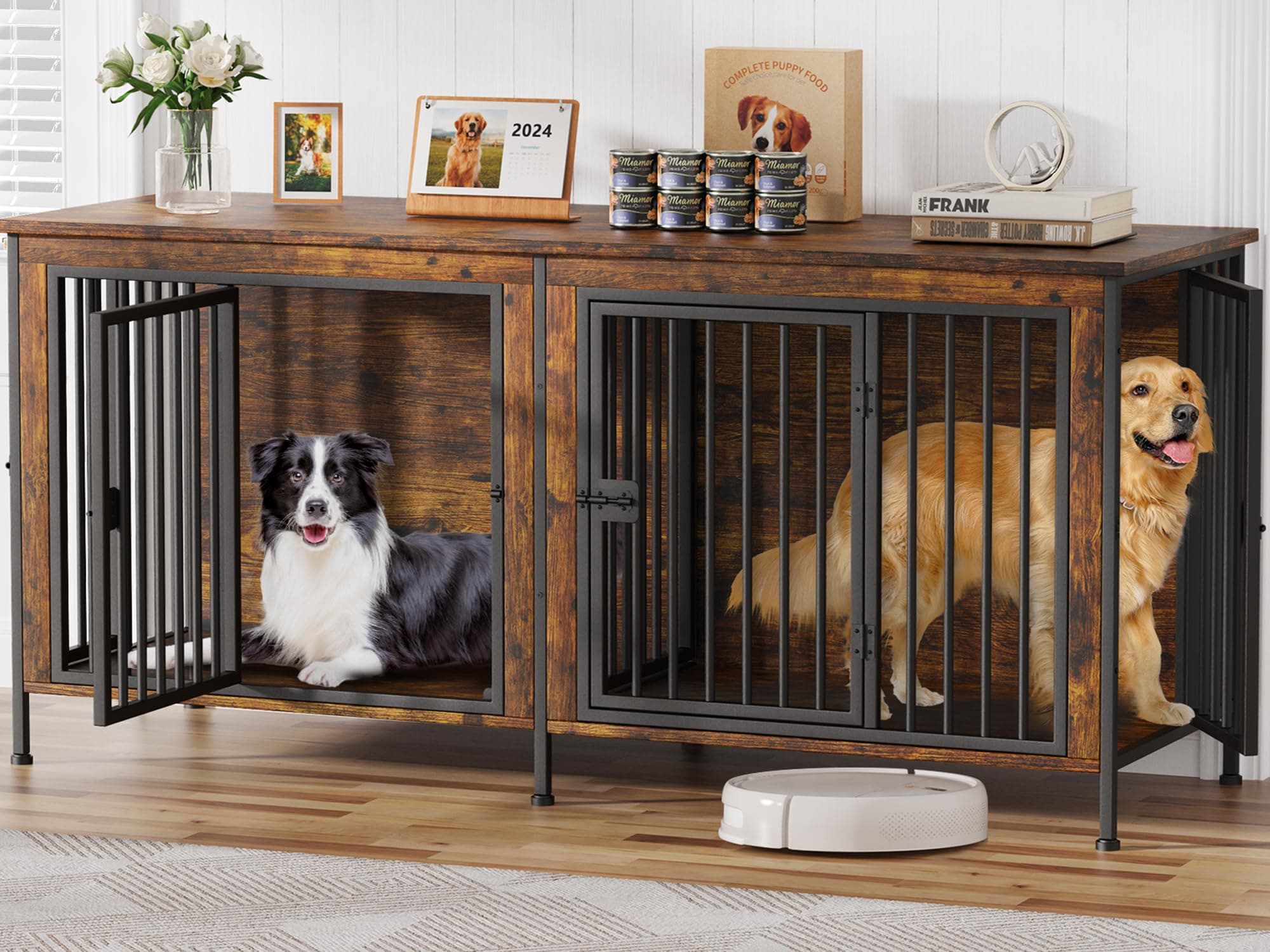 EasyCom Dog Crate Furniture for 1 or 2 Dogs, Heavy Duty Single/Double Dog Crates for Small/Medium/Large Dogs, Dog Kennel Furniture Indoor as TV Stand, Large Size 78.74" L(35-60 Pounds), Brown