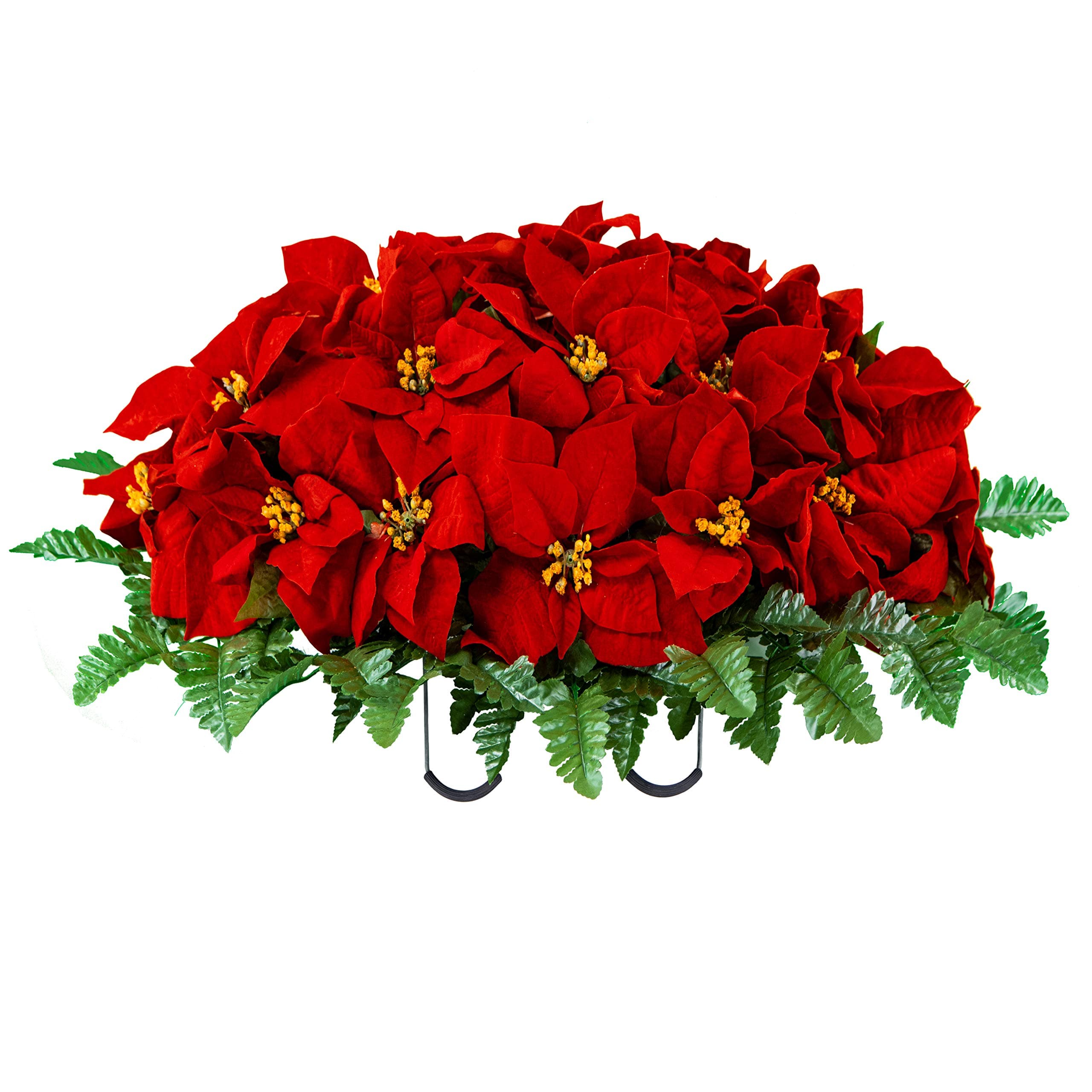 Sympathy SilksArtificial Cemetery Flowers - Winter Memorial Flowers - Christmas Poinsettias - Red Poinsettias Saddle for Headstone