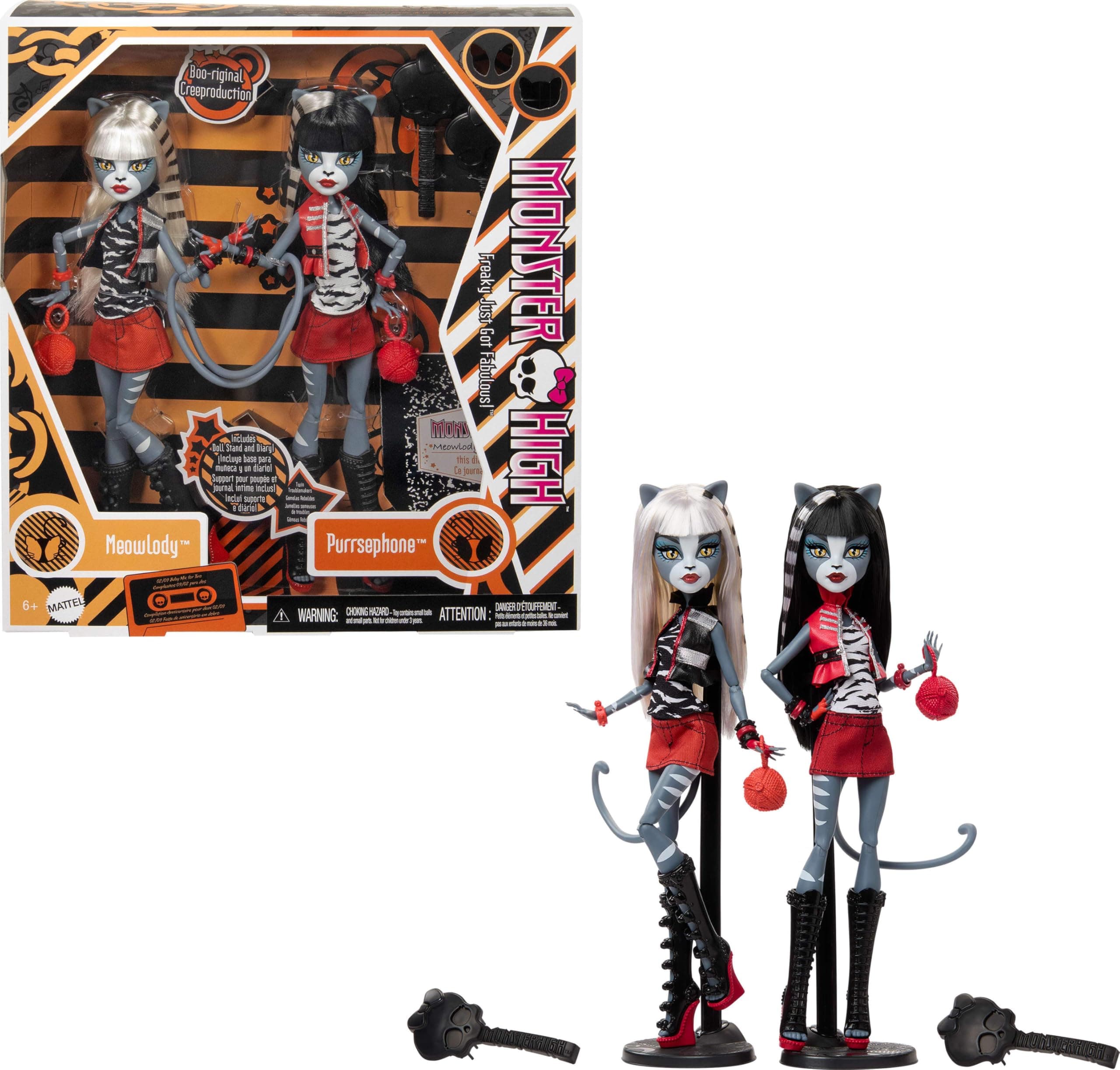 Monster High Creepy Reproduction of Original Monster High Doll Set of 2, Meowlody and Purrsephone Collectible Figure Replica with Doll Stand and Diary HYV88
