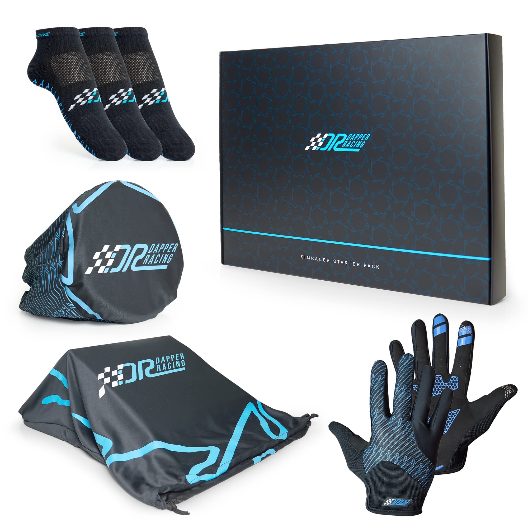 DAPPER RACING SIMRACER Starter Pack | Screen Compatible Gloves + Three Pairs of SIMRACING Socks + Steering Wheel and Pedal Covers | Matte Black Box | Gift Set