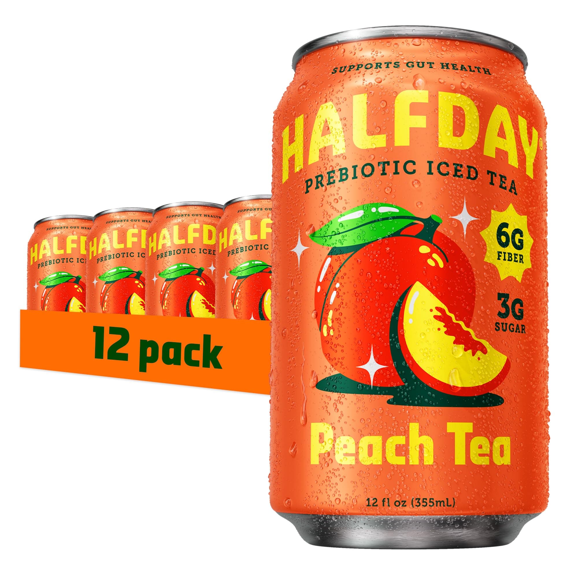 HALFDAY Prebiotic Peach Iced Tea Cans, Supports Digestive & Gut Health, 6g Plant Fiber & Prebiotics, 3g of Sugar, 35 Calories, Real Brewed Tea, Natural Caffeine, Gluten Free, Keto, 12 fl oz (12 pack)