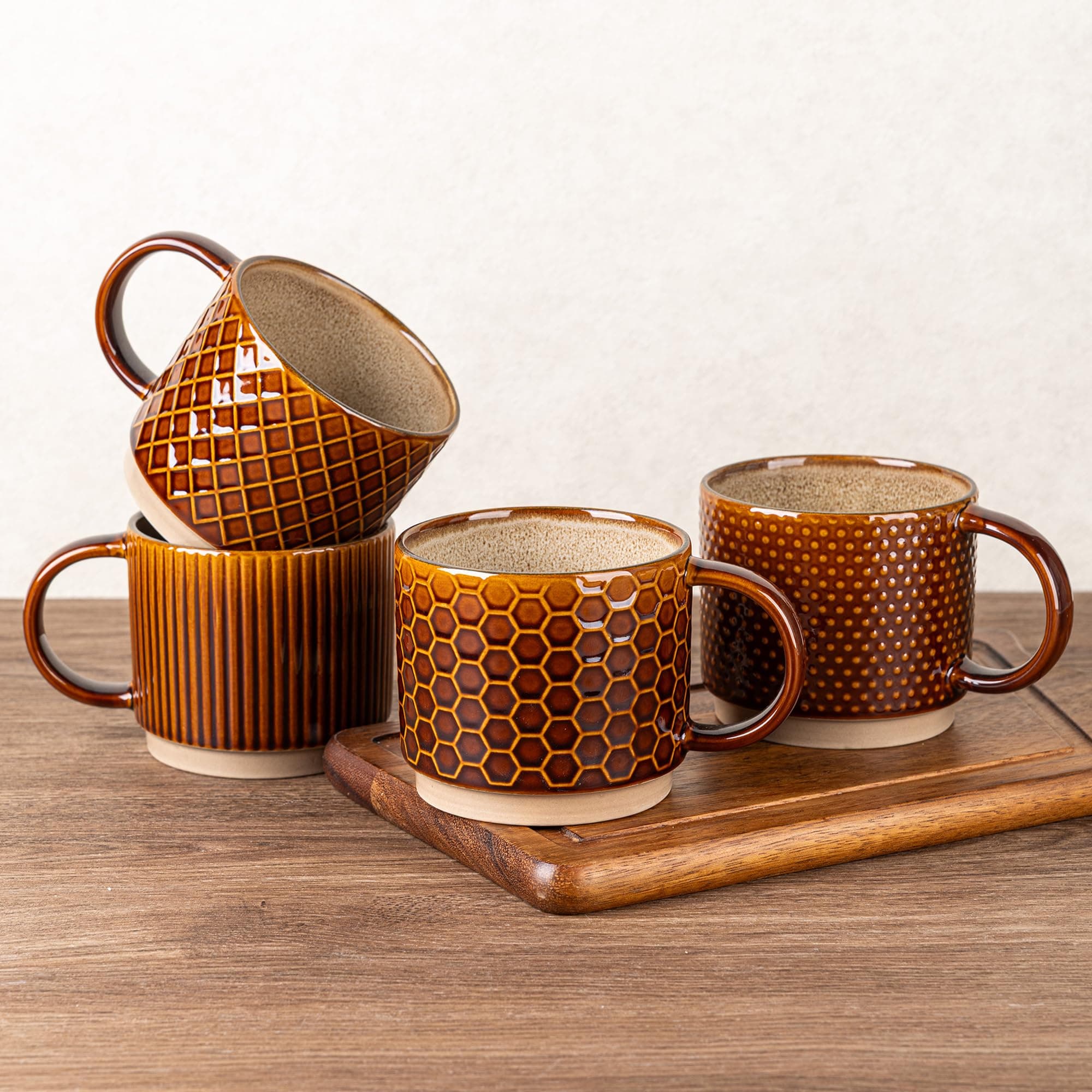 GBhome 15OZ Stackable Coffee Mugs, Ceramic Coffee Cups with Texture Patterns for Man,Woman,Dad,Mom, Modern Mugs Set of 4 for Latte/Cappuccino/Cocoa. Dishwasher&Microwave Safe, Caramel
