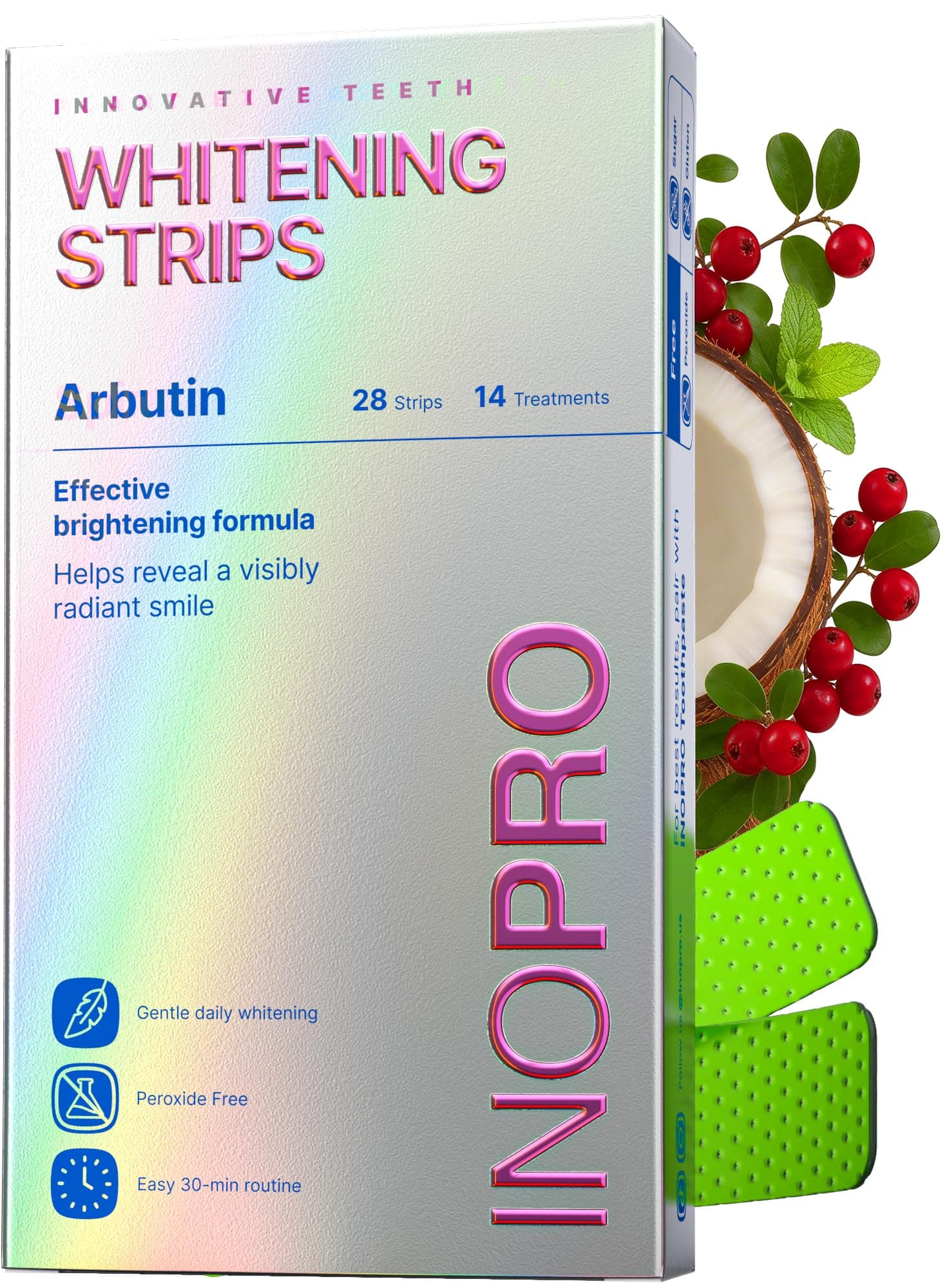 InoPro Teeth Whitening Strips 14 Treatments Kit - Enamel Safe Teeth Whitener, Peroxide-Free, Green White Strips for Teeth Whitening with Arbutin, Coconut Oil, Deep Stains Removal (28 Strips)