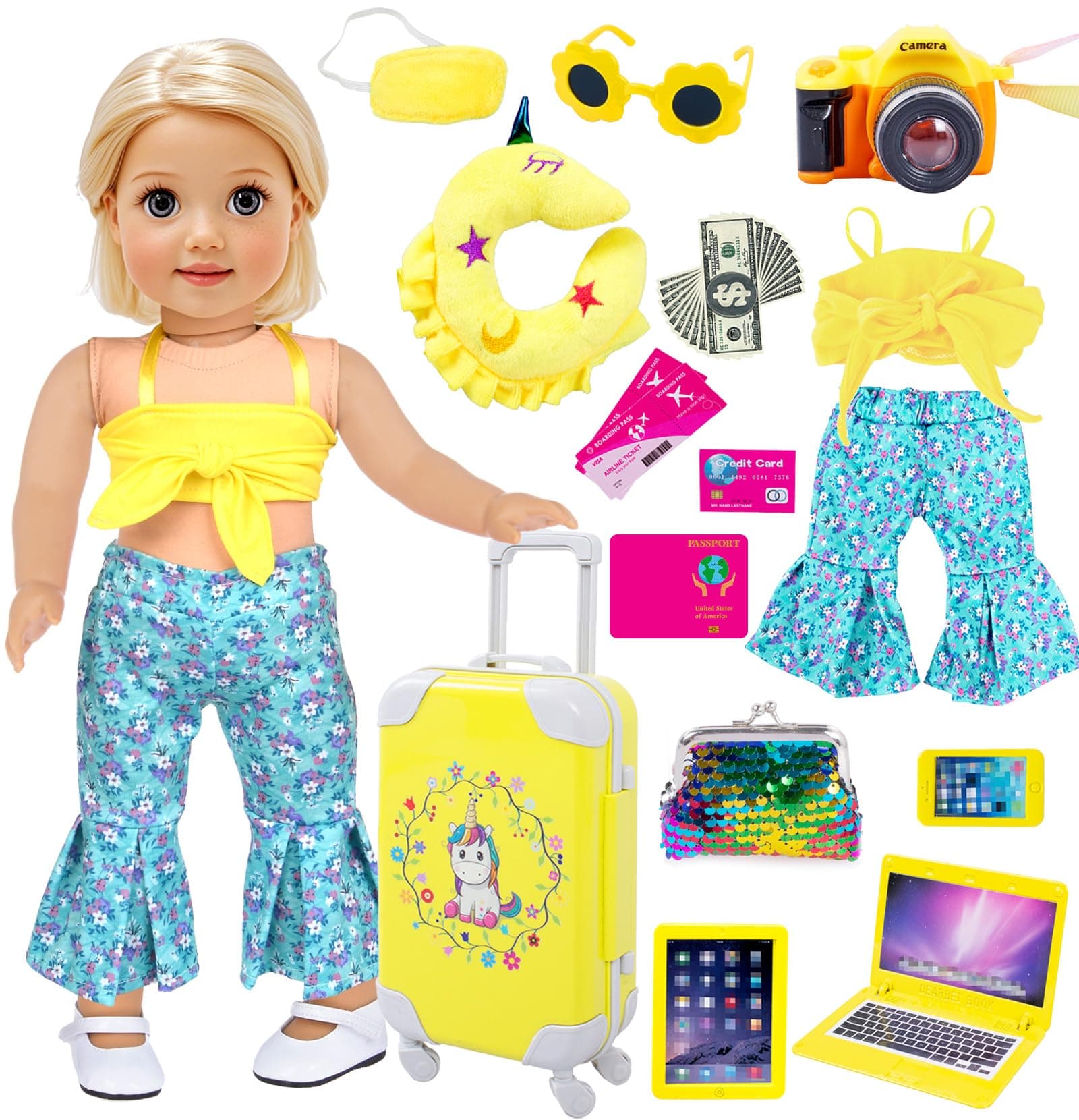 25pc Yellow 18 inch Dolls Travel Suitcase Play Set Doll Clothes and Accessories Include Luggage Camera Computer Glasses Pillow etc (No Doll)
