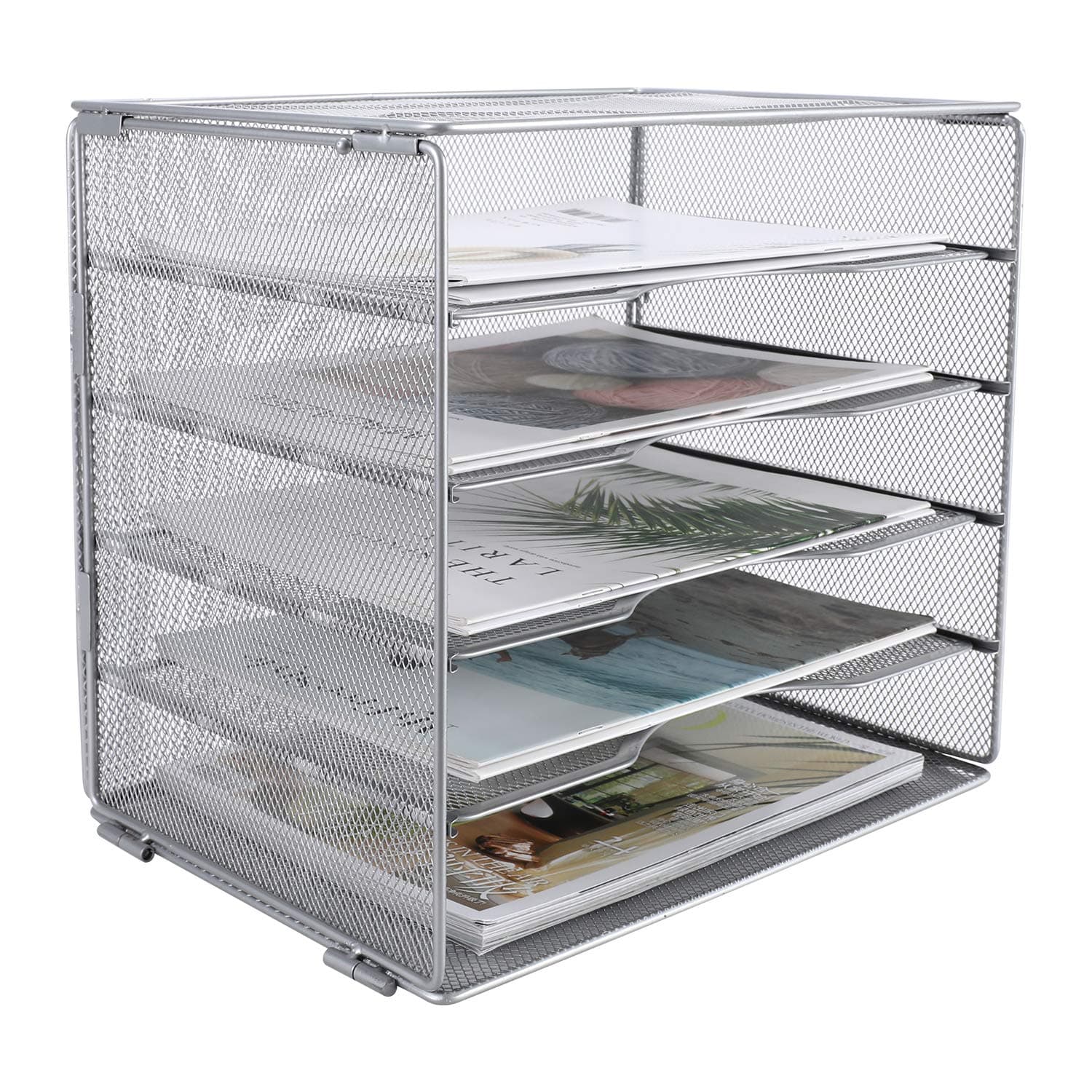 EasyPAG Paper Trays for Classroom 5 Tier Mesh Desk Organizer Shelves A4/Letter Size File Folder Organizer Shelf for Office, School, Home, Silver