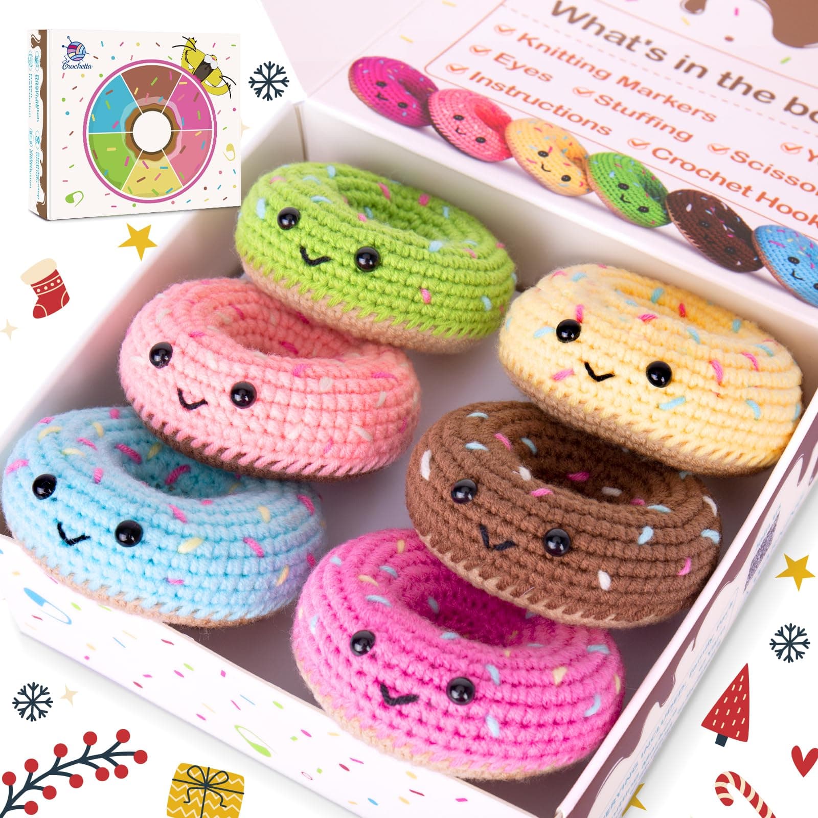 Crochetta Kit for Beginners, Beginner Starter Kit w Step-by-Step Video Tutorials, Learn to Kits for Adults & Kids, DIY Knitting Supplies, 6-Pack Donut Family(40%+ Yarn Content)