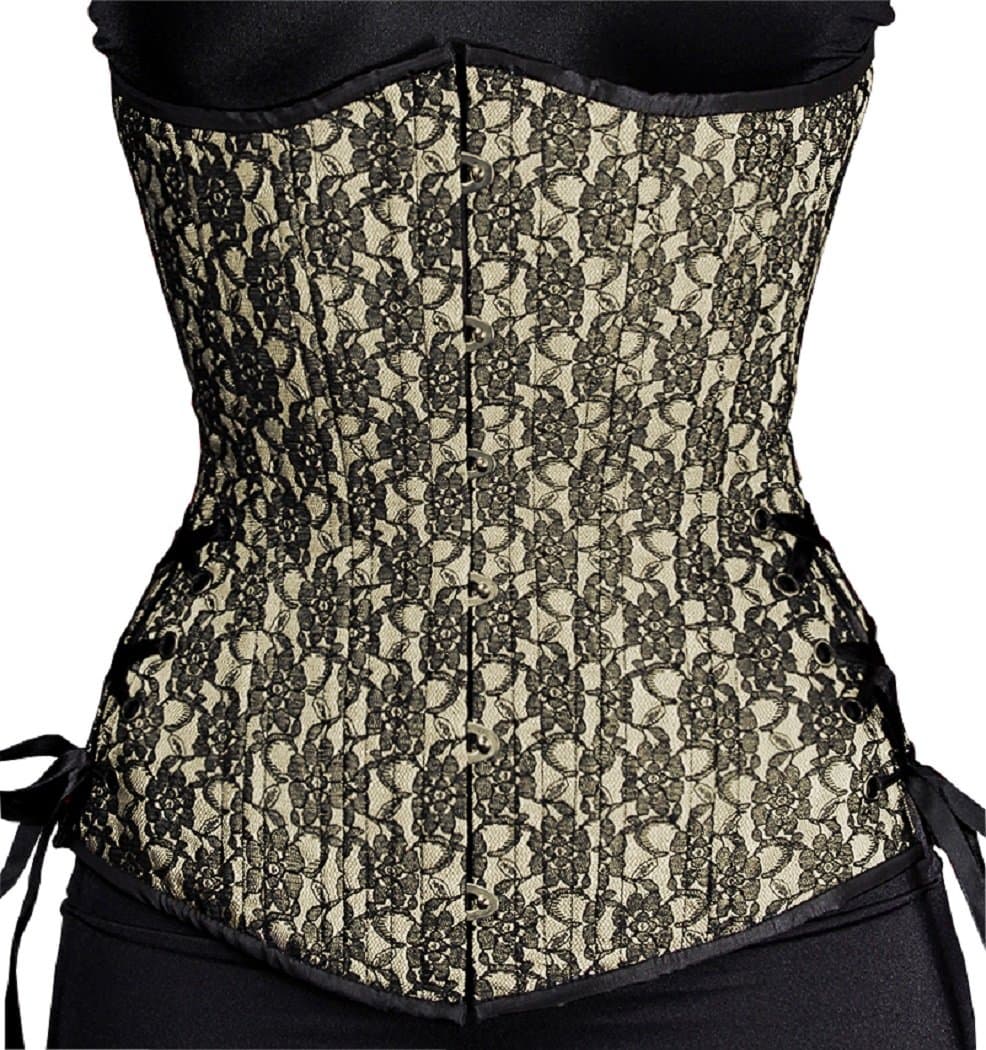 Timeless Trends Long Cut Silk with Black Lace Overlay Steel Boned Tightlacing Underbust Corset 20 Ivory / Black And Storage Bag