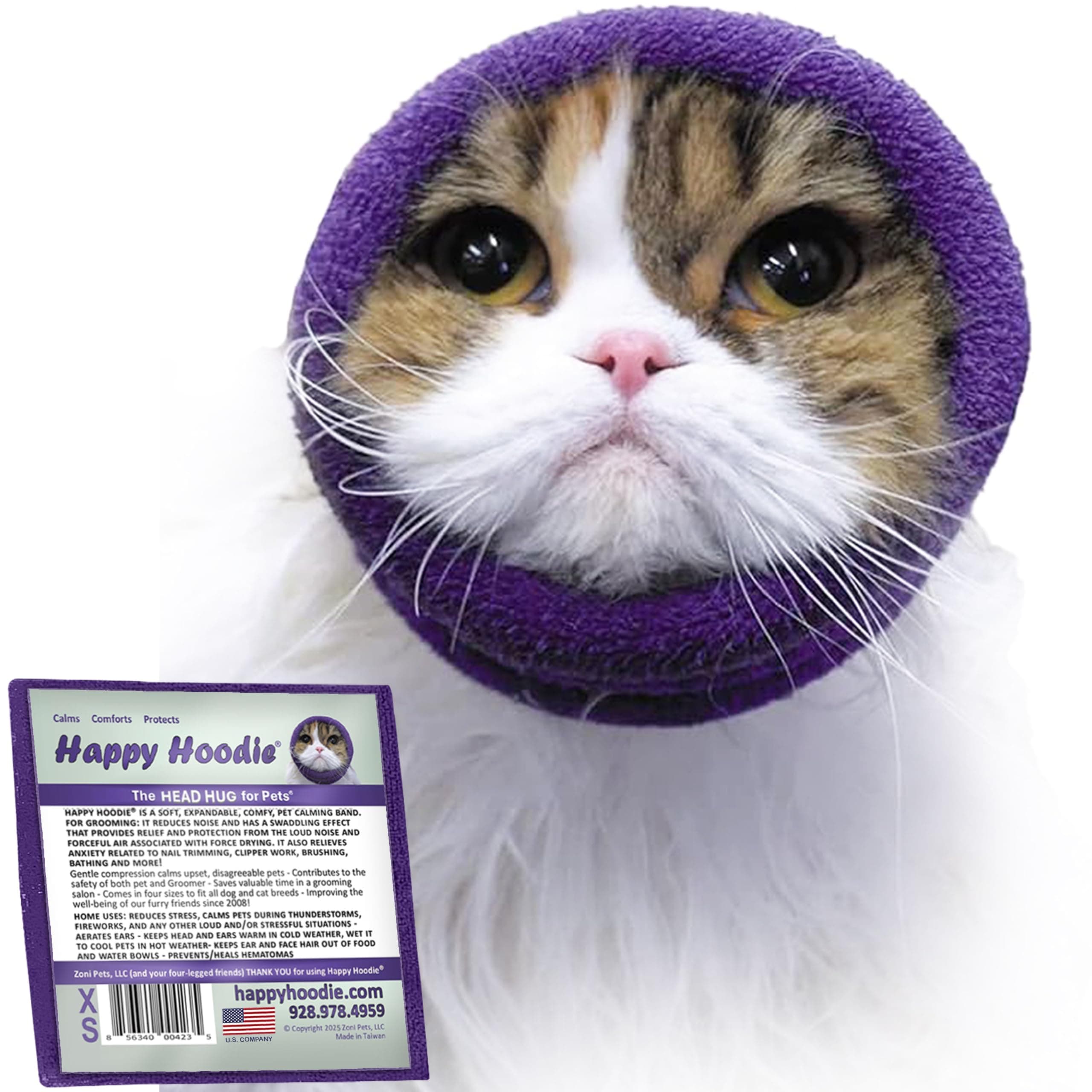 Happy Hoodie The Original Dog & Cat Calming Band - American Brand - Anxiety Relief/Noise Protection-Grooming-Thunder-Fireworks (XS, Purple) - Since 2008