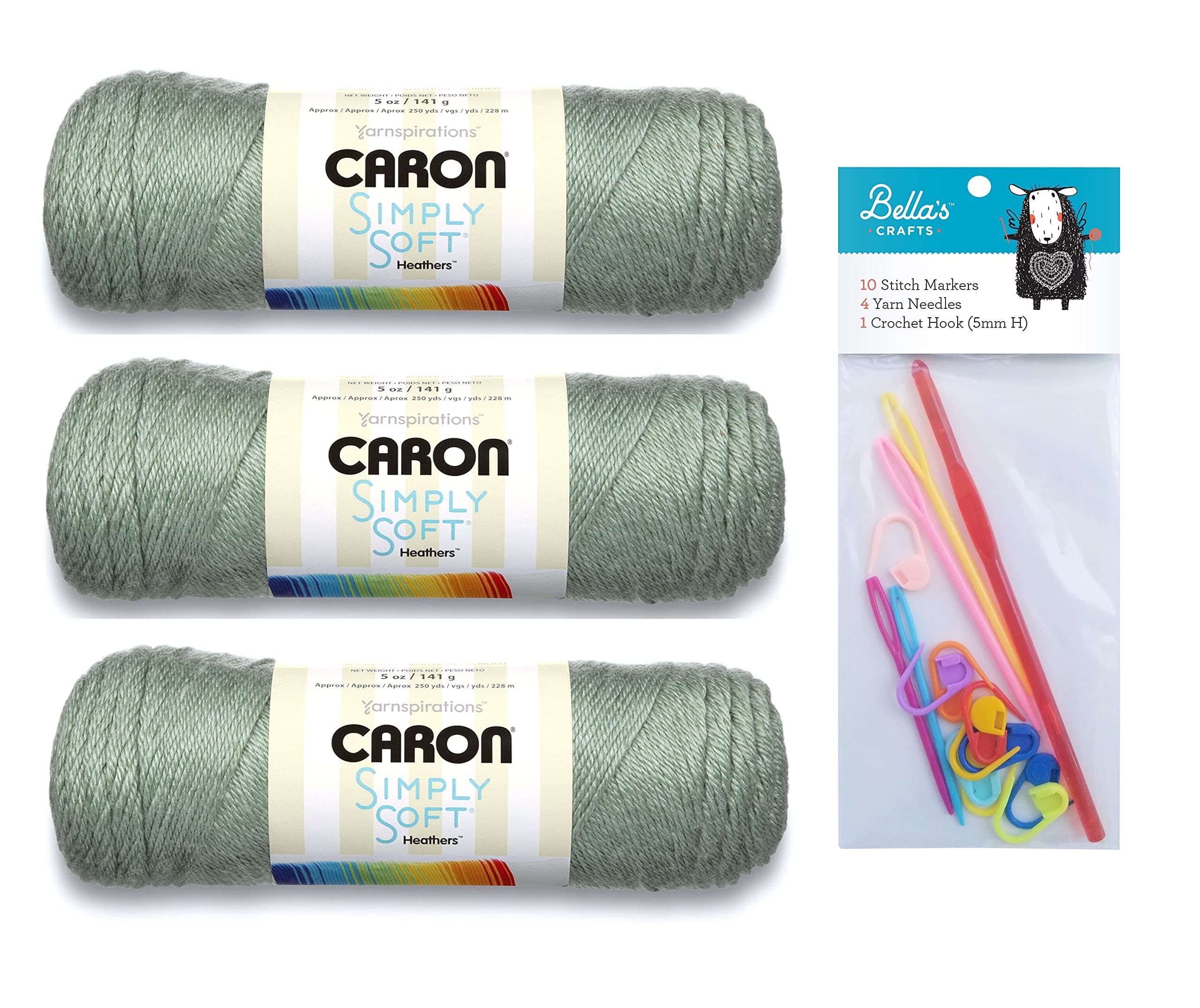 Caron Simply Soft Woodland Heather 3-Pack Bundle with Bella's Crafts H/5mm Crochet Hook, 10 Stitch Markers and 4 Plastic Yarn Needles