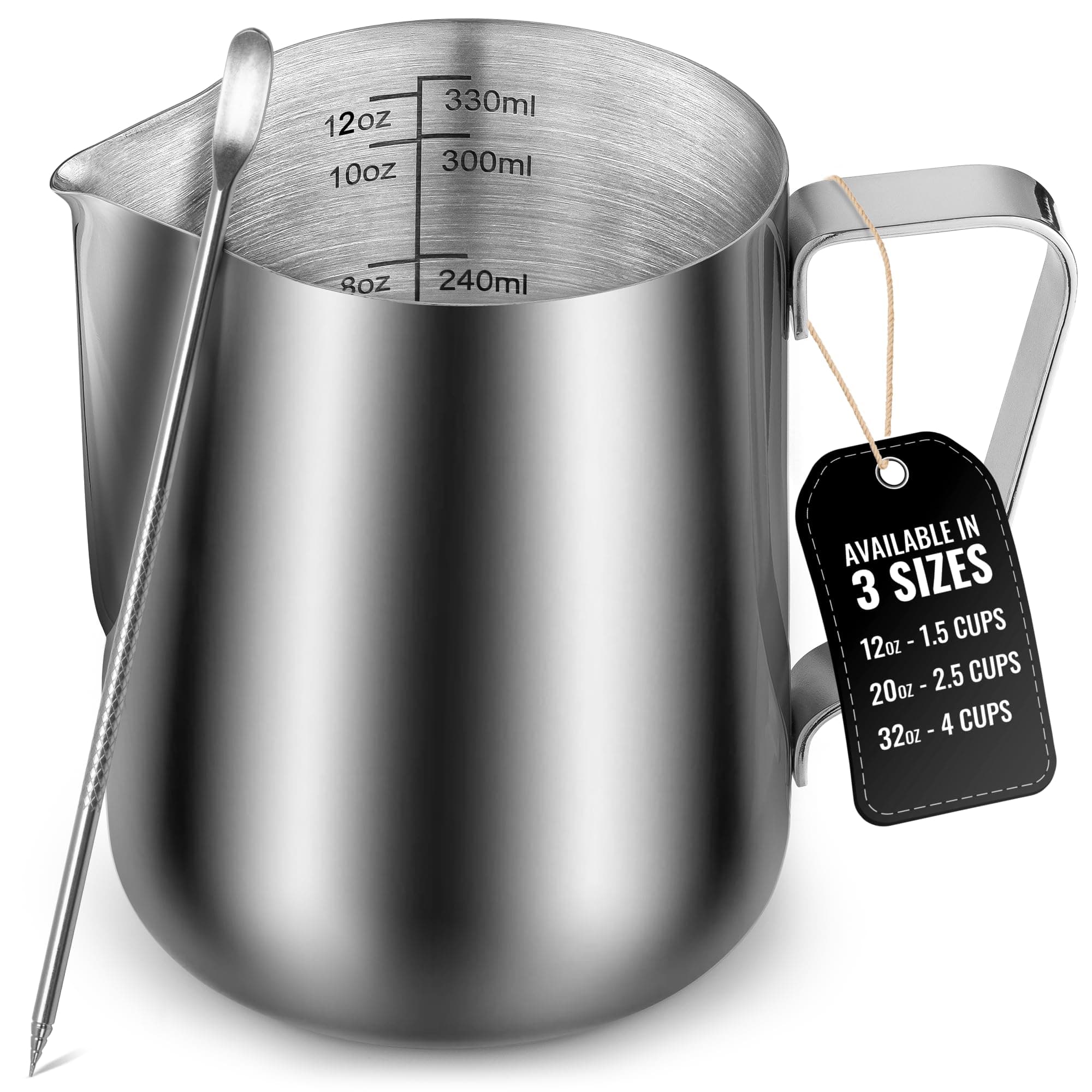 Zulay Milk Frothing Pitcher with Latte Art Pen – 12oz 20oz 32oz - Stainless Steel Frother Cup with Measurement Markings, Espresso & Coffee Accessories Creamer Jug with Laser-Welded Handle - 12 oz