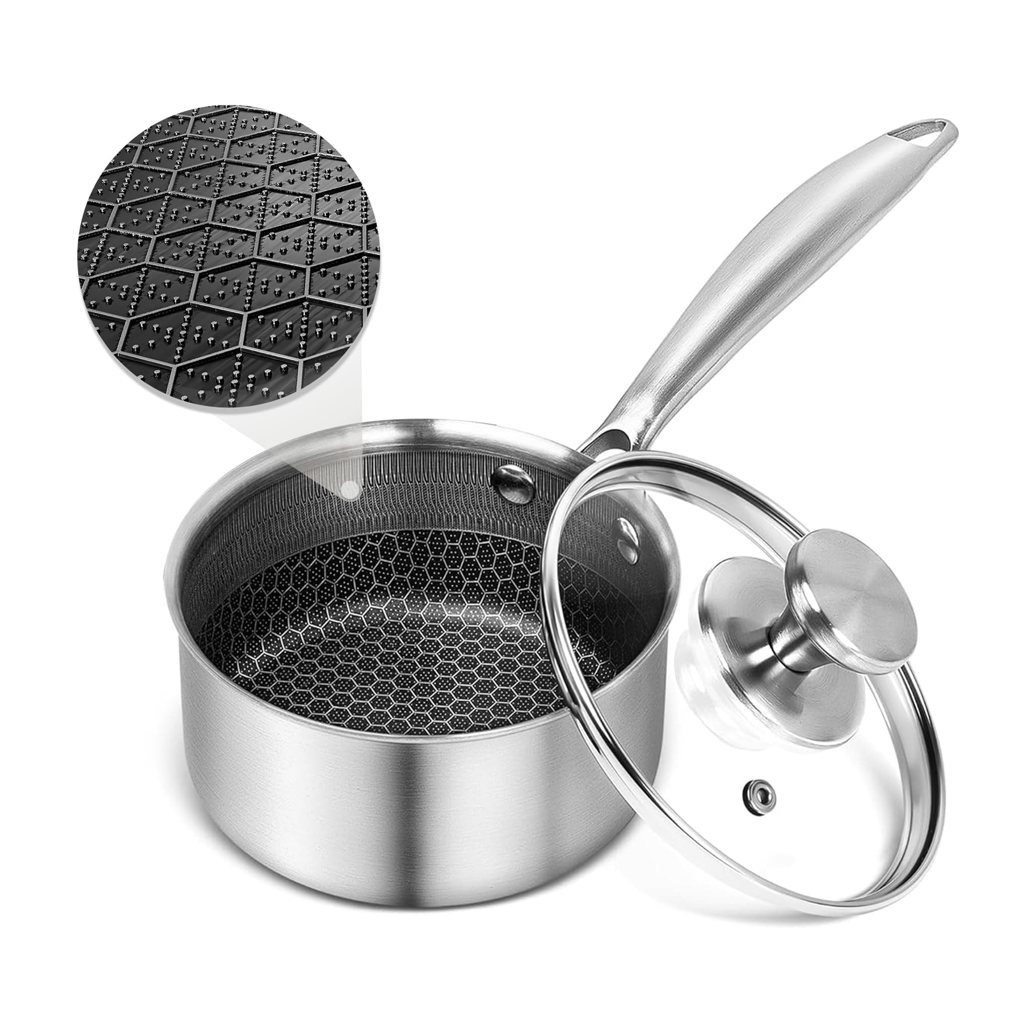 AuFranc™ Hybrid Non-Stick 1 Quart Stainless Steel Sauce Pan with Glass Lid, Induction Sauce Pan with Honeycomb Carved, Non-Stick Sauce Pot, Safe for All Stovetops, Dishwasher Safe, Non-Toxic
