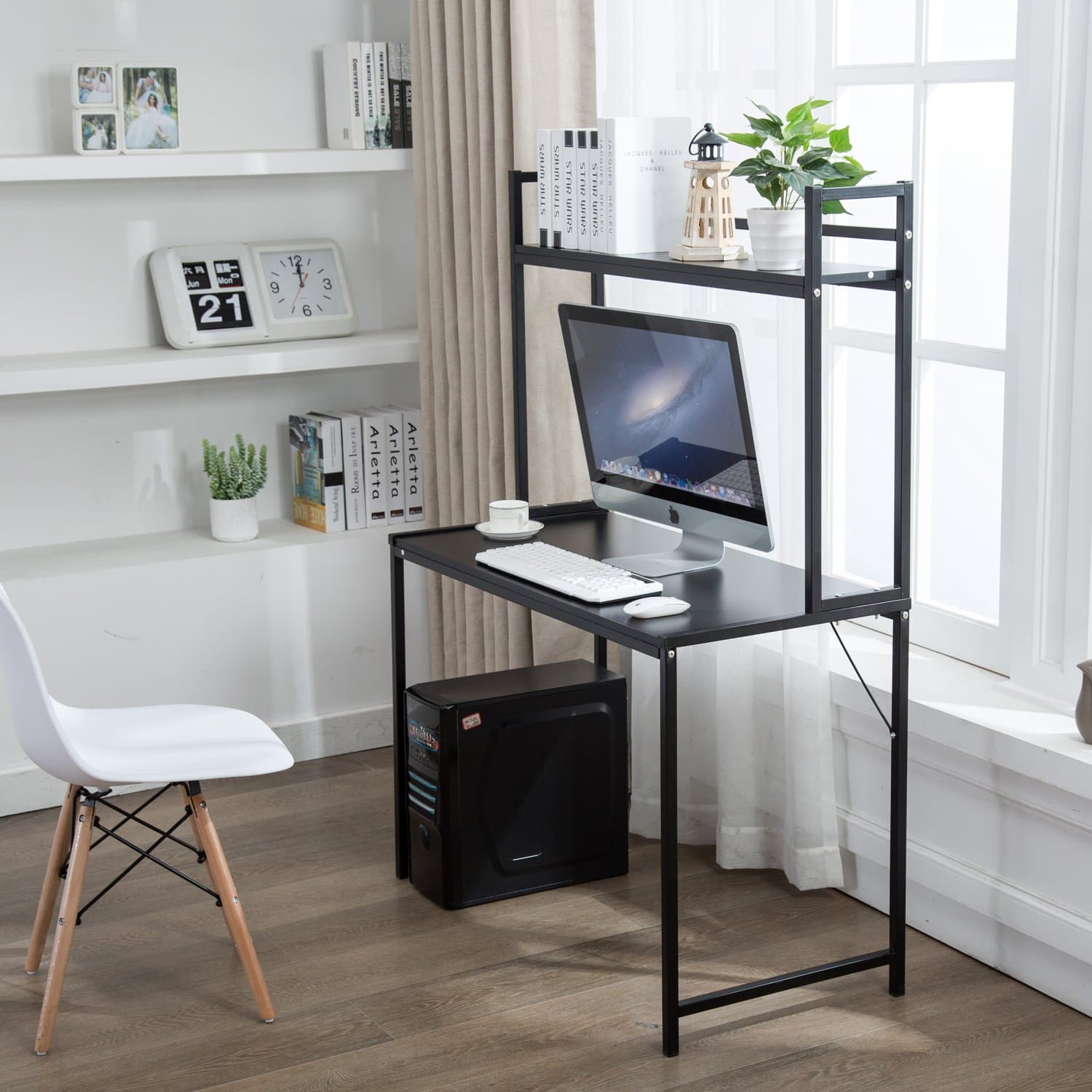 Office Desktop Laptop Computer Compact Desk with Storage, Home Study Writing Table with Shelf (Black)