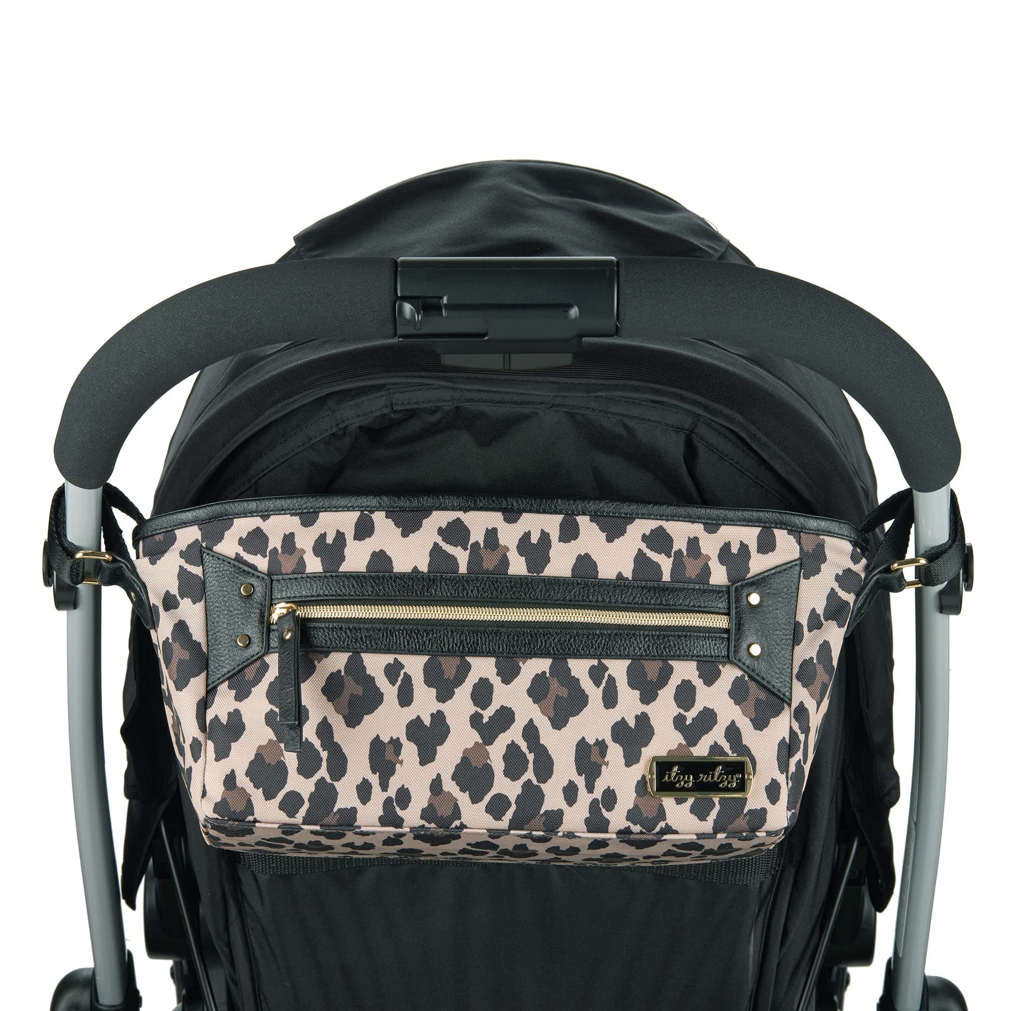 Itzy Ritzy Adjustable Stroller Caddy – Stroller Organizer Featuring Two Built-in Pockets, Front Zippered Pocket and Adjustable Straps to Fit Nearly Any Stroller, Leopard