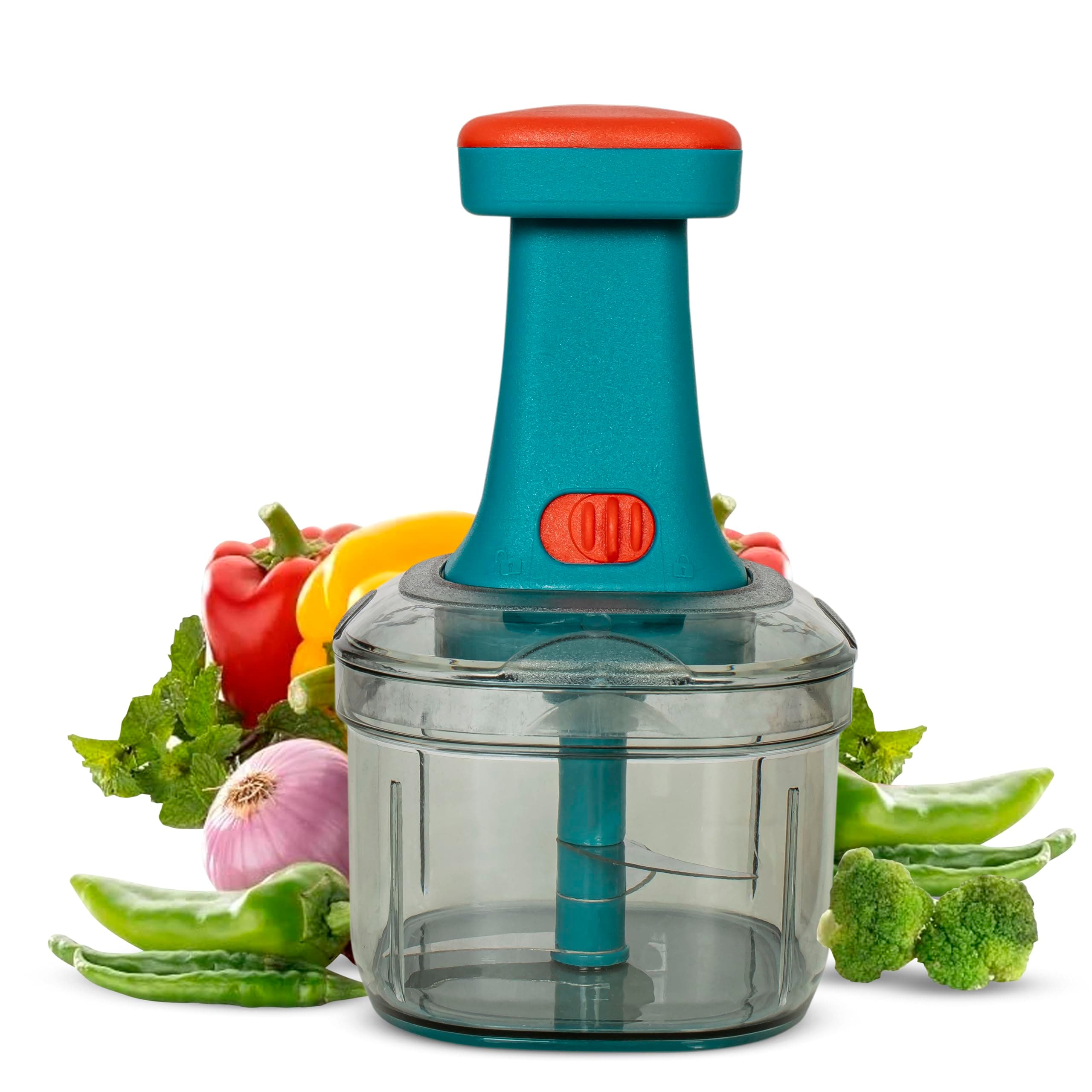 ISSVWO Tekcool Manual Hand Press Push Chopper with 6 Blades for Effortless Chopping Vegetables & Fruits (Assorted, 650 ml, Plastic).