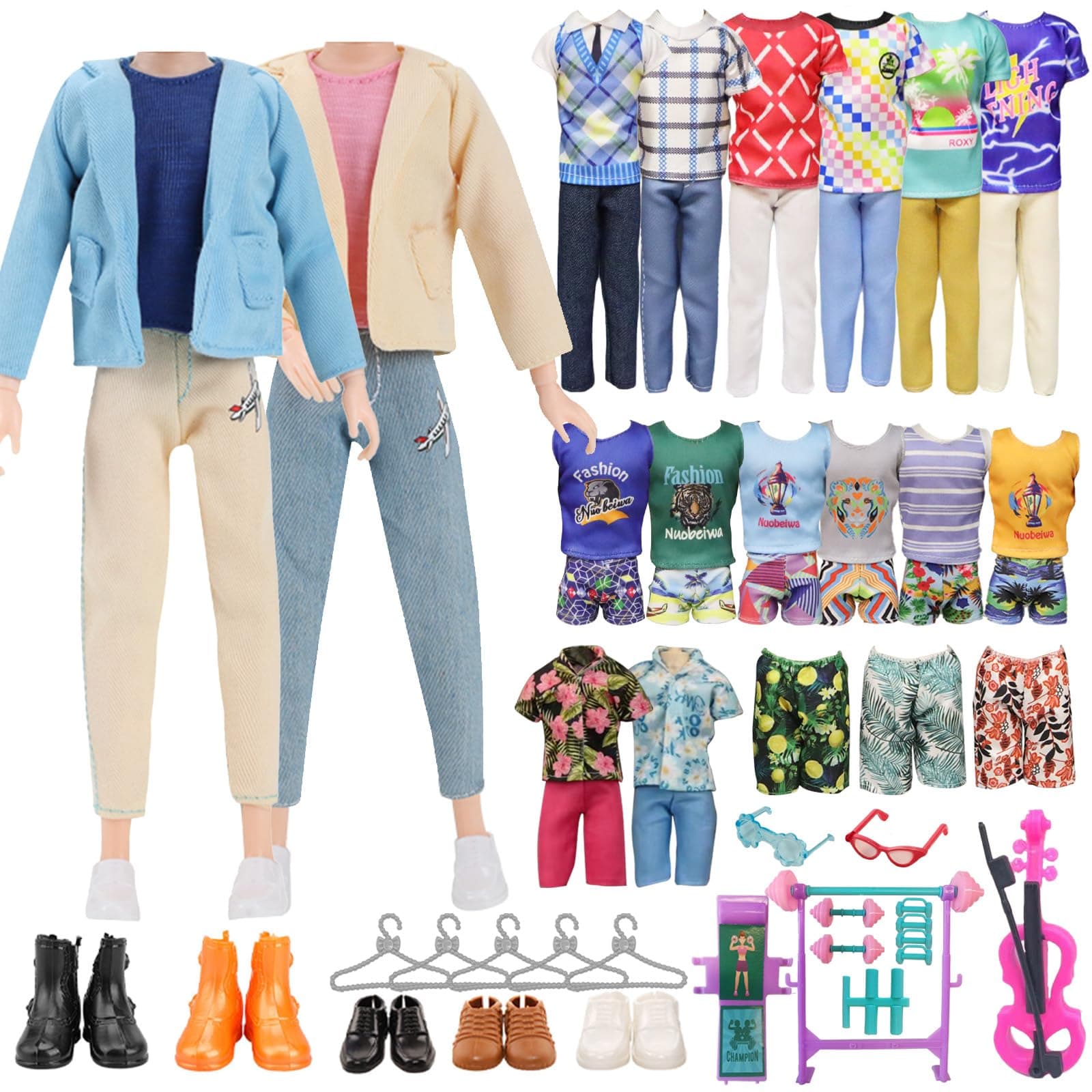 WanderGo 31Pcs Doll Clothes and Accessories Set, Include 1 Suit Set, 3 Short Sleeve Pants Sets, 1 Swimming Pants, 5 Shoes, 16 Accessories for 11.5 inch Boy Doll(Random Style)